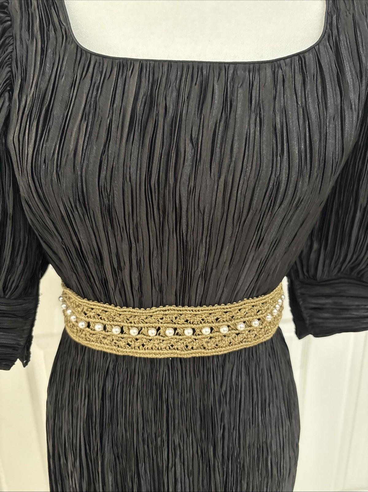 Mary McFadden Pleats Dress Vintage 80s Puffed Sleeve Size 4 Black