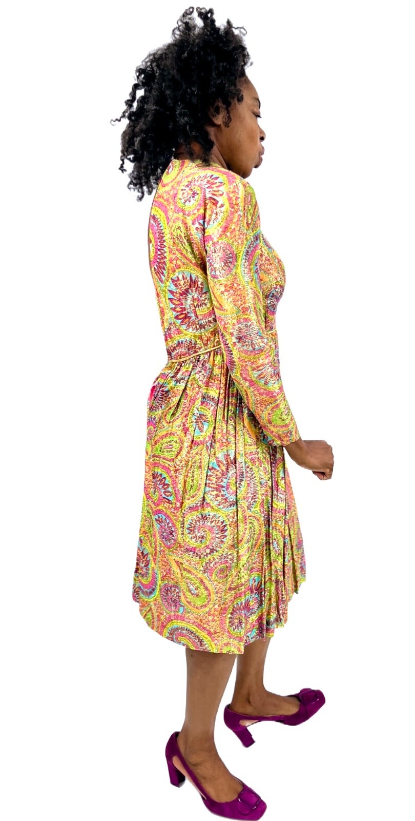 VTG 60s Mary Sachs Metallic Paisley Mod Gogo Dress XS S Rhinestone Detail