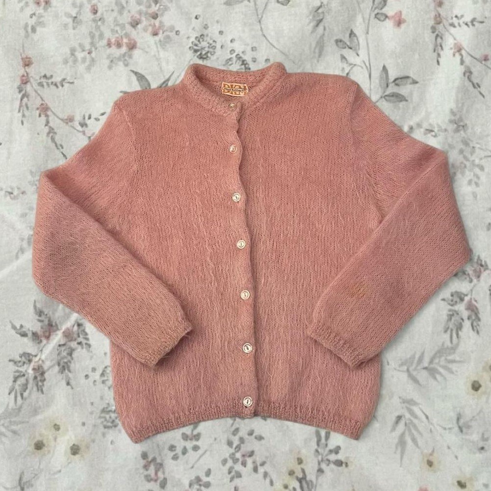 Vintage 50s 60s Mohair Cardigan Button Up Baby Pink Fuzzy Detroit Knitting Mills