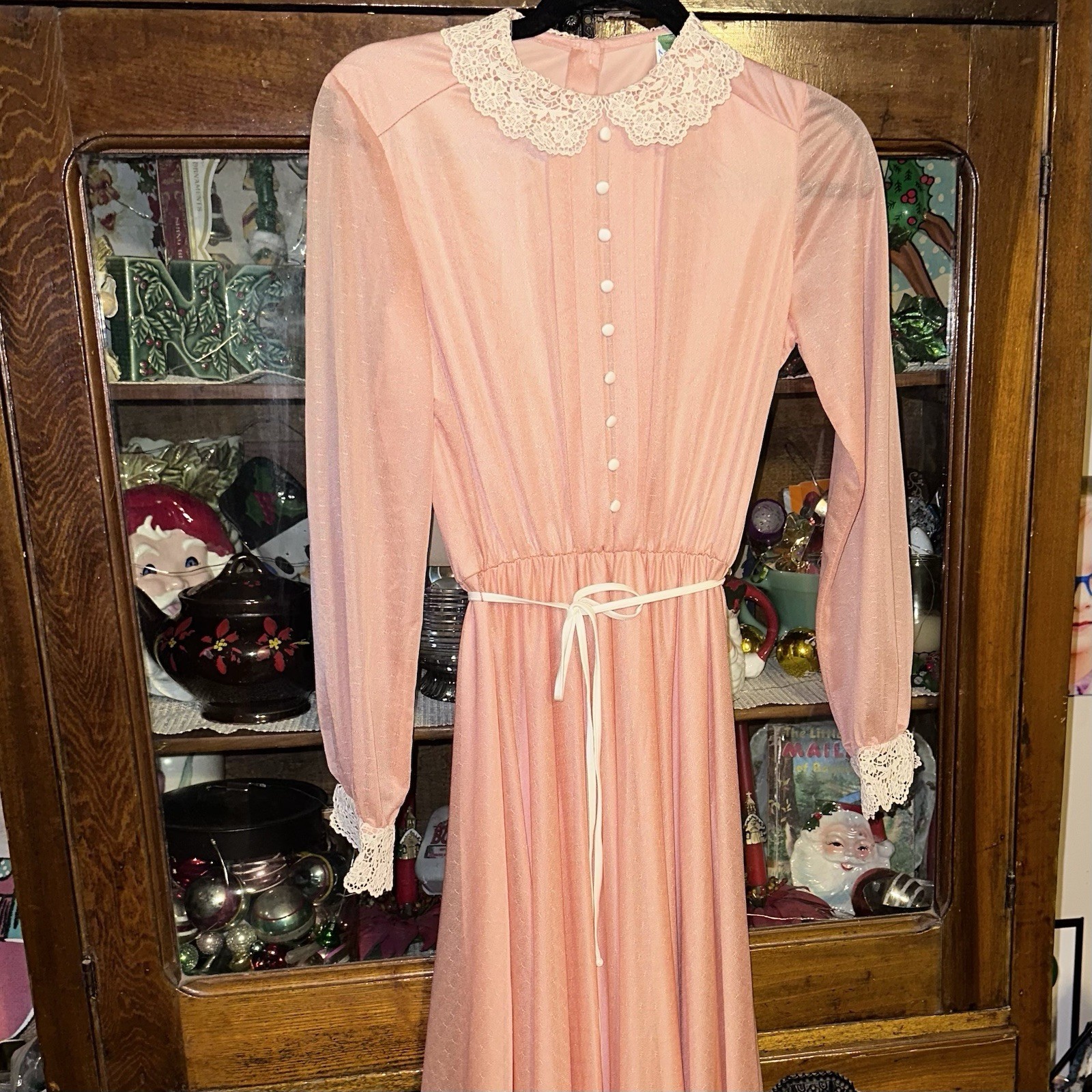 Vintage Peach Prairie Victorian Style Maxi Dress Pearl Buttons & Lace ’70’s