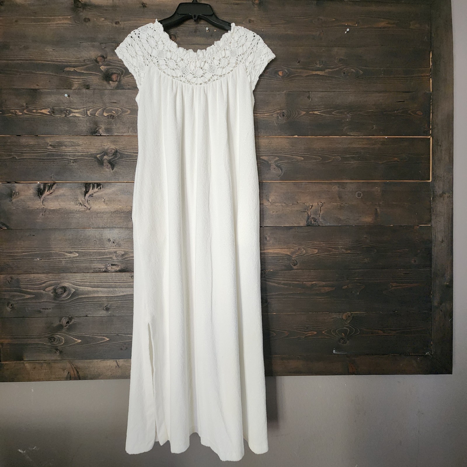 Vtg 80a Miss Elaine Terry Cloth Nightgown Maxi Dress Small White Crochet Lace