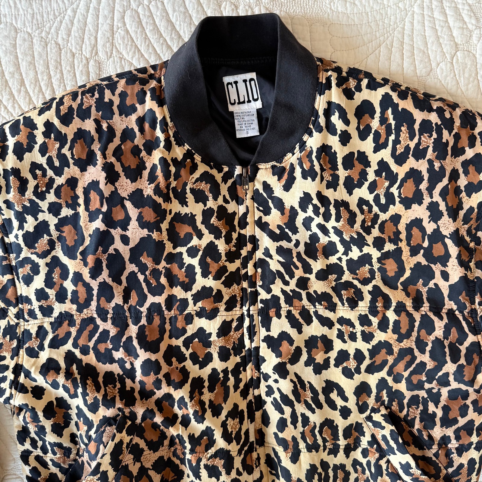VTG 90s Y2K Mobwife Leopard Animal Print 100% Silk Bomber Jacket Size S | Clio