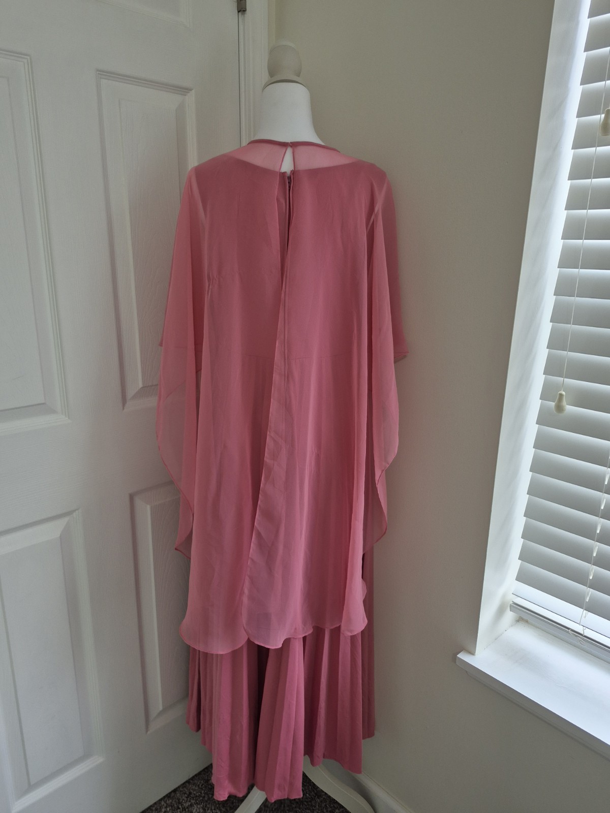 Vintage 70/80s Pink Accordion Pleated Cape Dress Maxi Gown ILGWU Union Made M/L