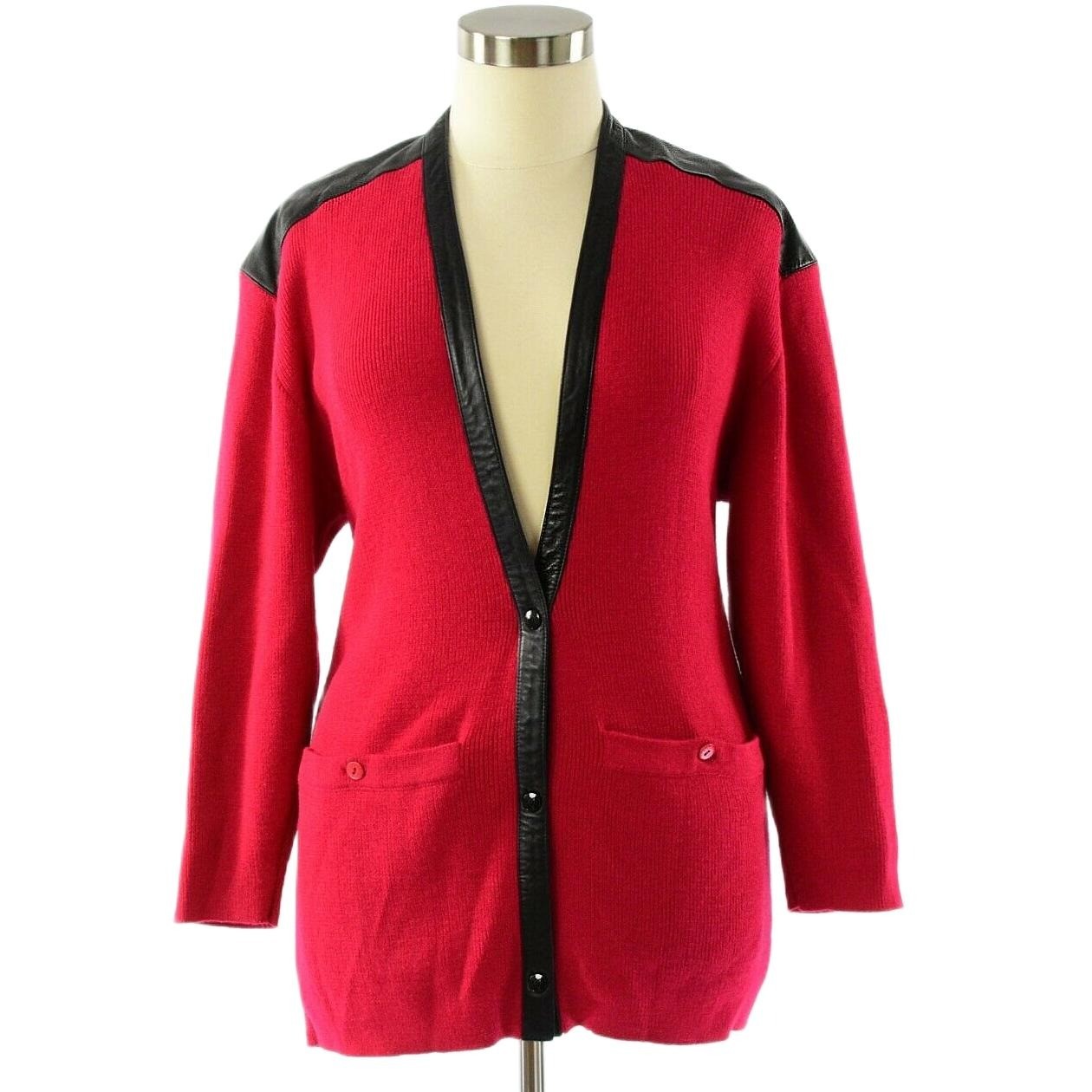 80s Vintage Red Wool Leather Trim Long Cardigan Jacket Eleanor Brenner Womens M