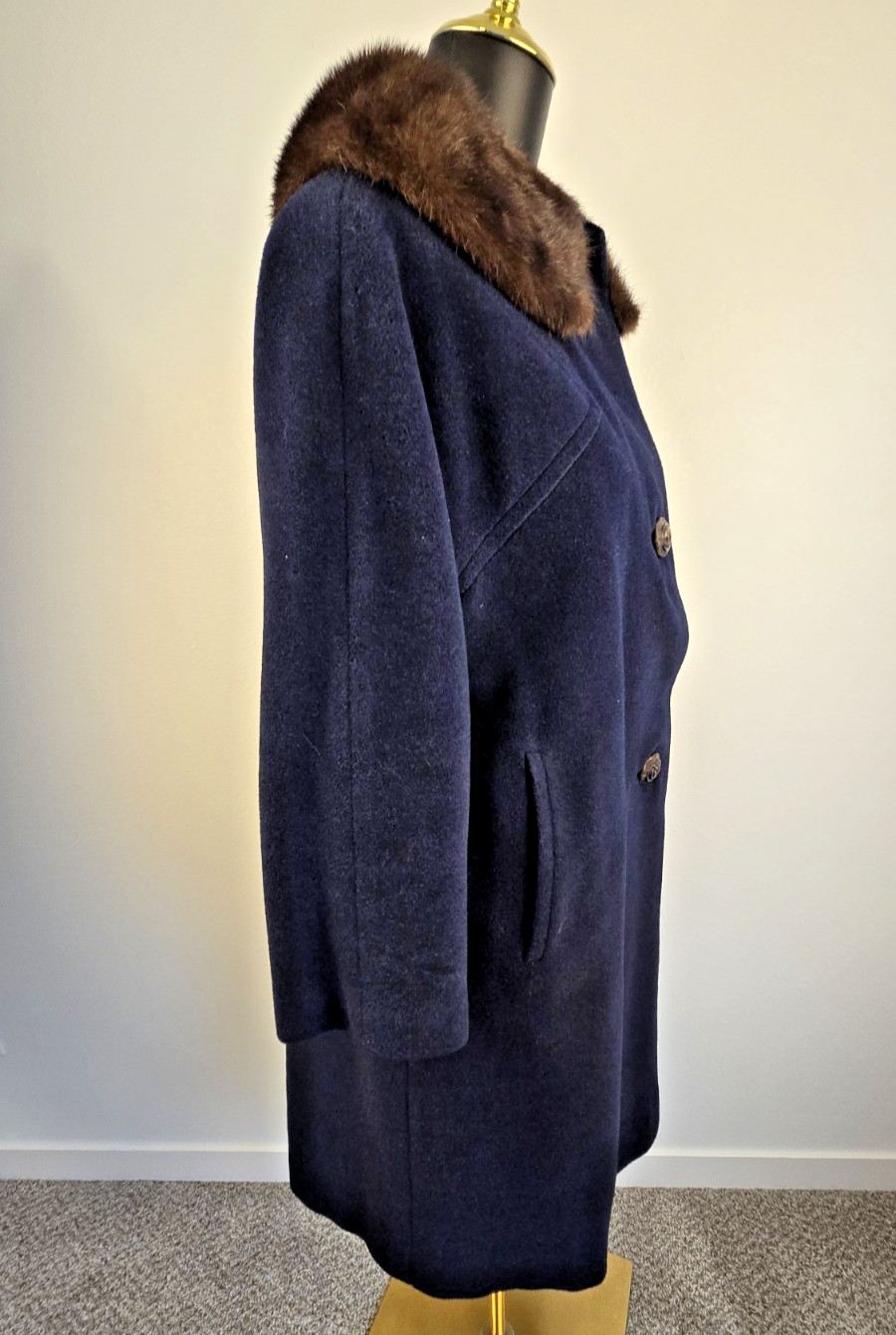 Vintage SHAGMOOR Coat Fur Collar Blue Brown Union Made Womens Retro 50’s 60’s