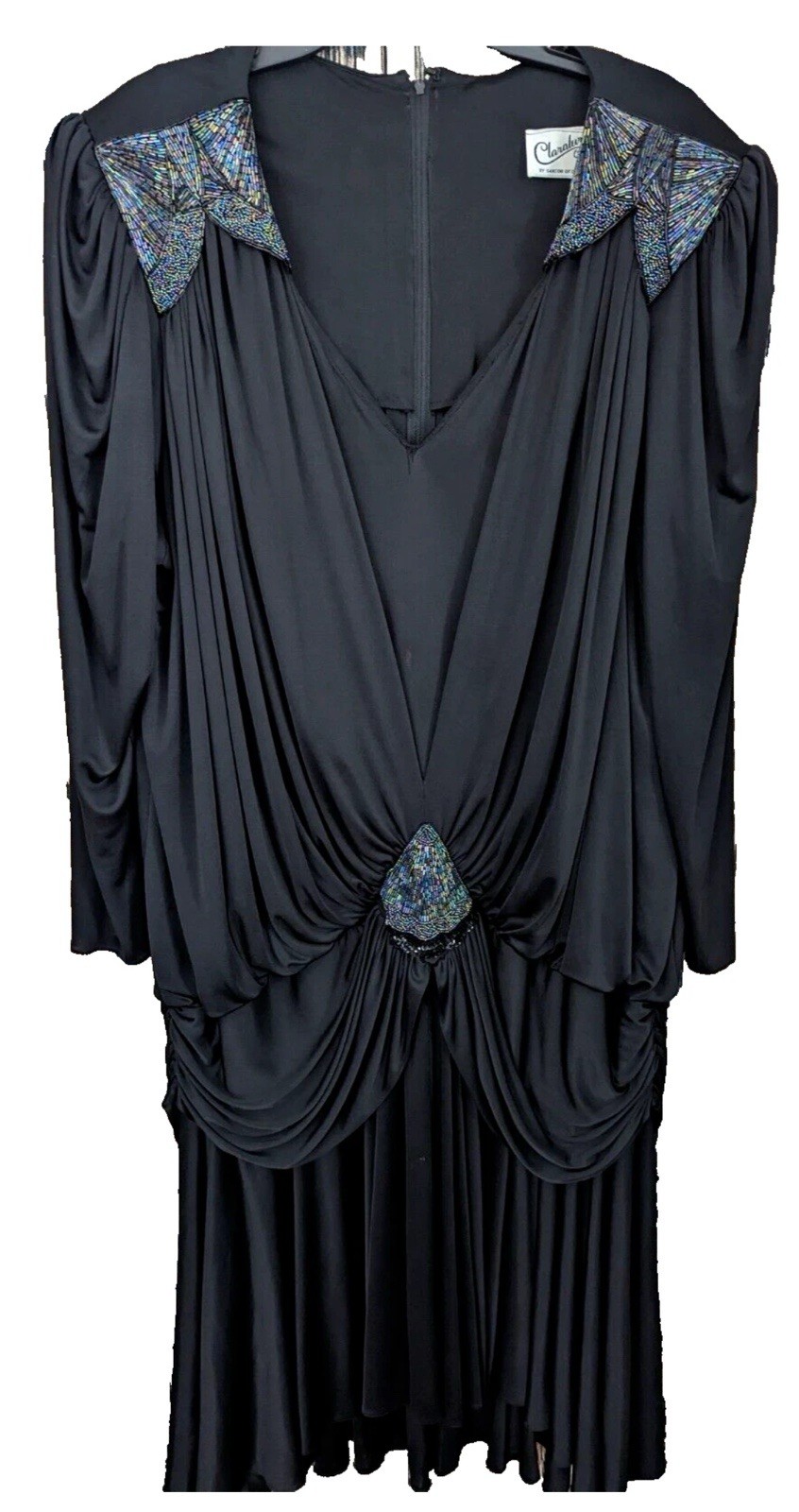 Vintage 70s 80s Claralura Originals Dress Black Beaded Draped Cocktail PLUS SIZE