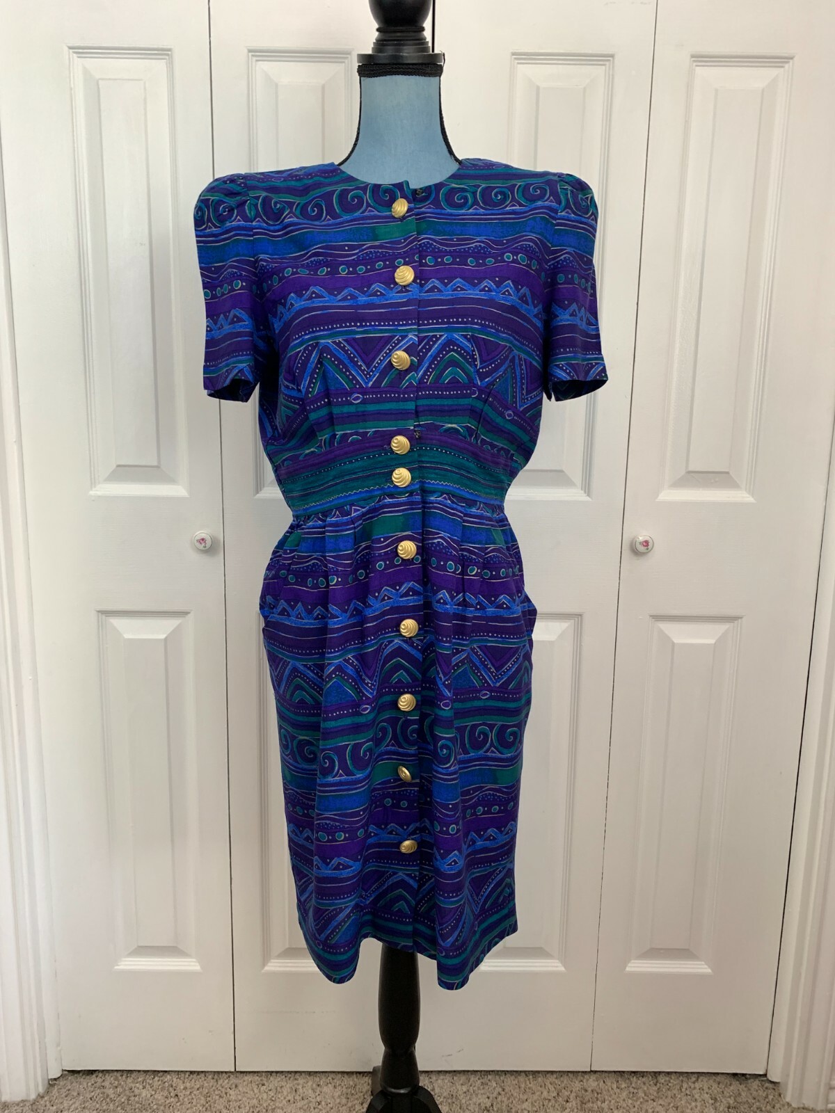 Vintage 1980’s 1990’s Positive Attitude Button Up Blue Purple Green Dress 8 P
