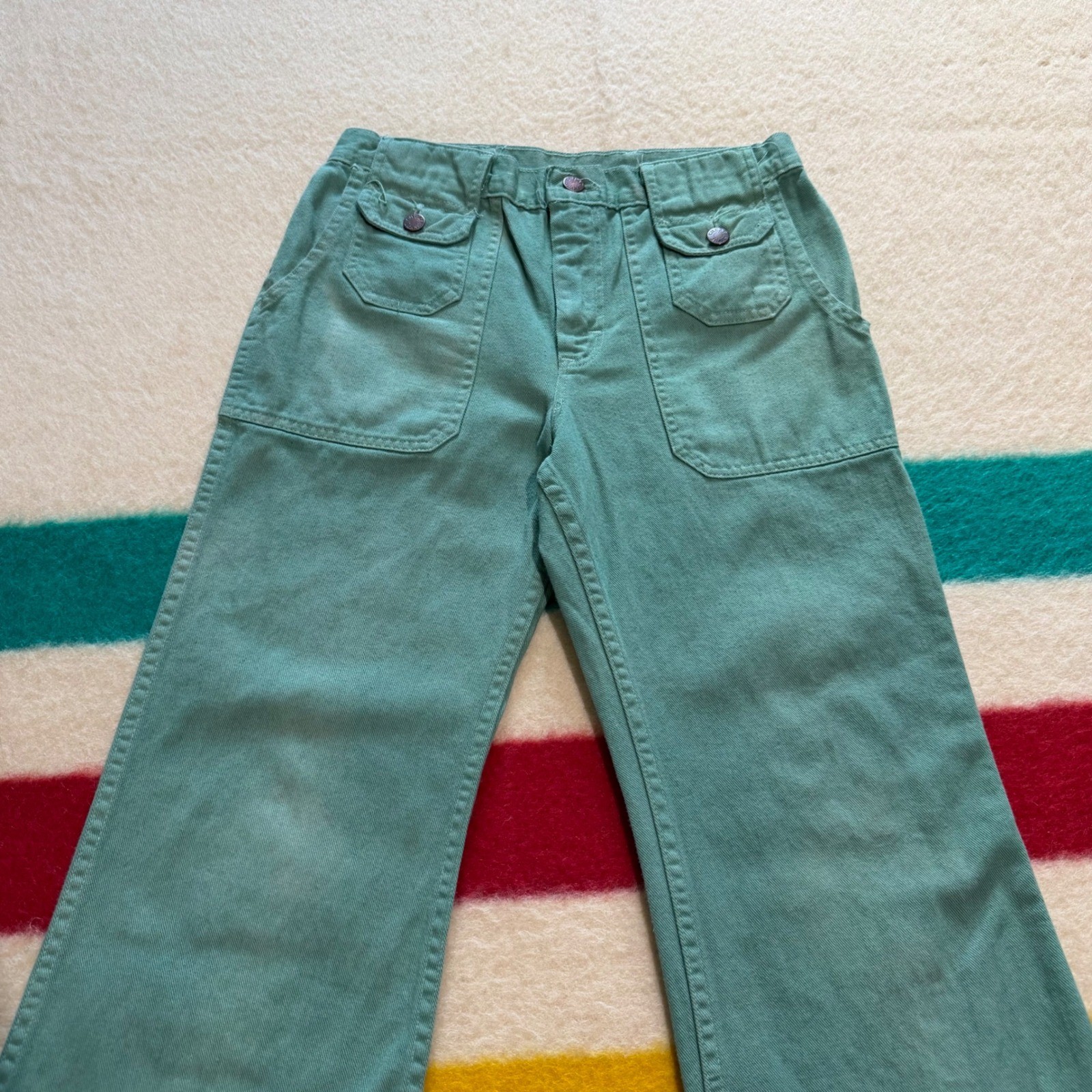 VTG 70s Green Denim Flared Pants Talon 42 Zip High Waist 29×29