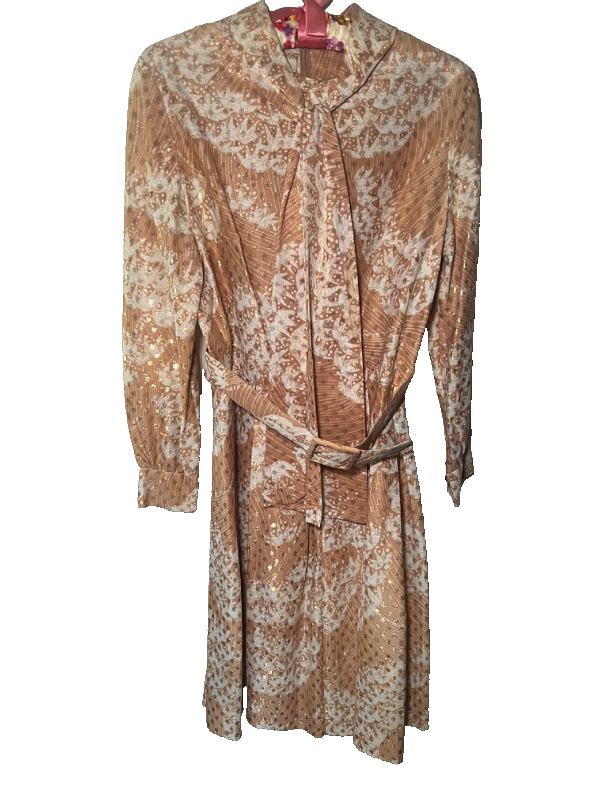 Vintage Nancy Greer Dress Gold Metallic Abstract Print Neck Tie Box Pleats SZ 16