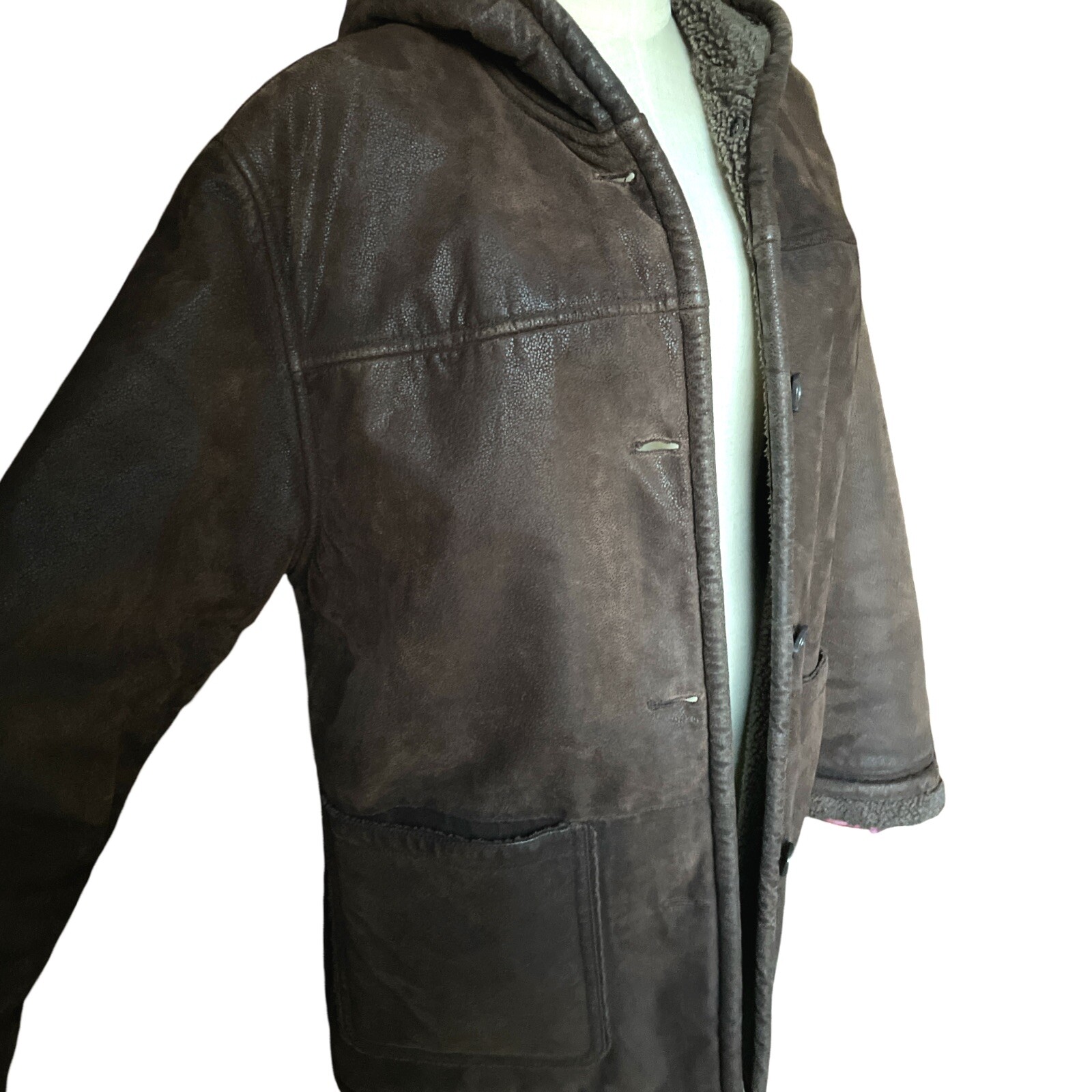 Vtg Brown Genuine Leather Faux Sherpa Lined Coat