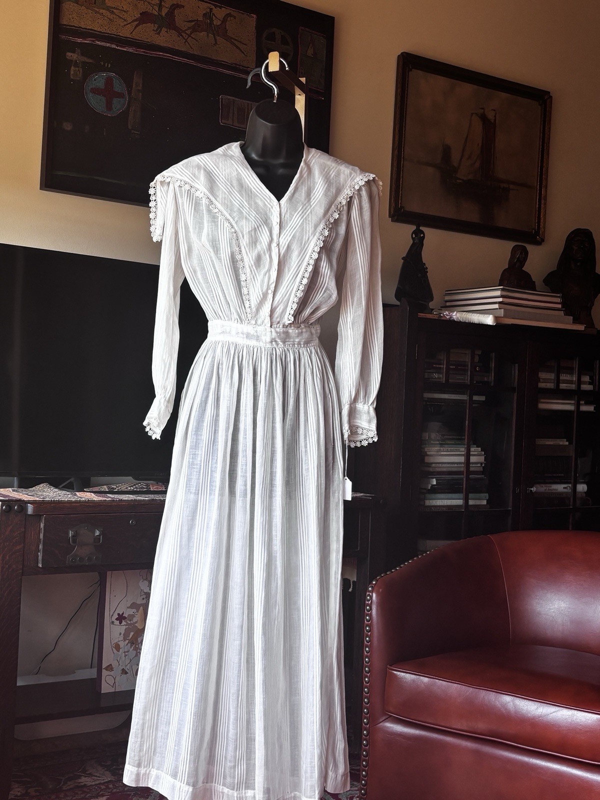 Antique 1910 Edwardian White Voile Cotton Lawn Dress W/ Lace Trim Tea Dress XS