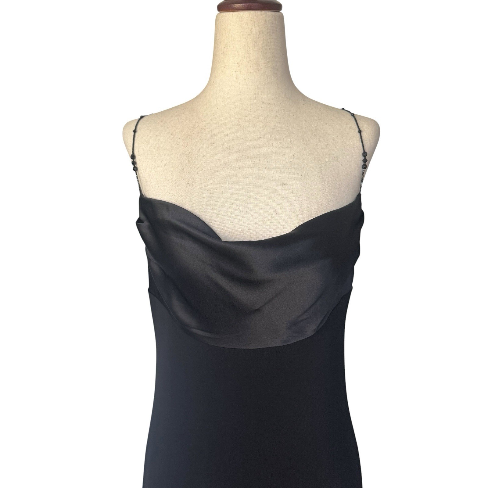 Vintage 90s Laundry Black Slip Maxi Dress Gown Beaded Straps Minimal Formal sz 6