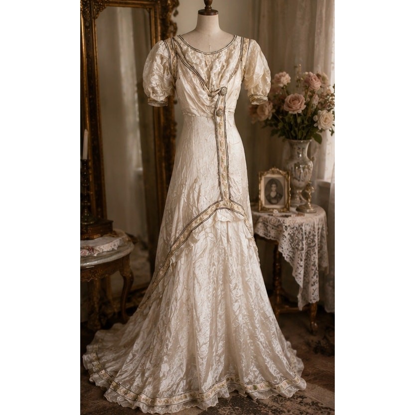VTG Edwardian Ivory Silk Wedding Gown TLC Shattering Silk Embroidered Trim