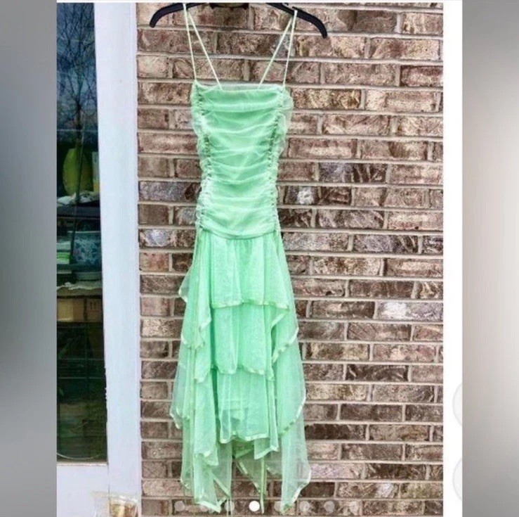 Vintage 90s Mint Green Tinkerbell Ruffle Mesh Midi Formal Fairycore Dress