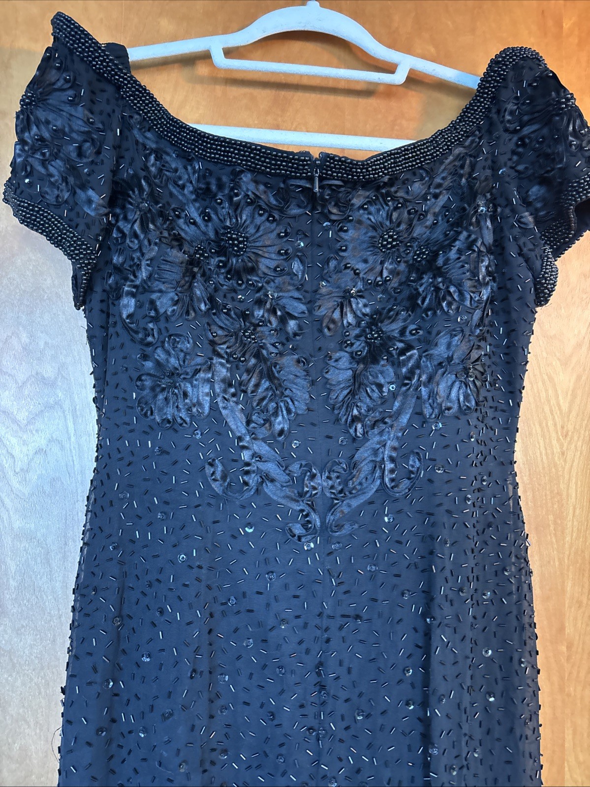 56 VTG Ted Lapidus Paris Off Shoulder Silk Beaded Dress Gown Black Soutache 16