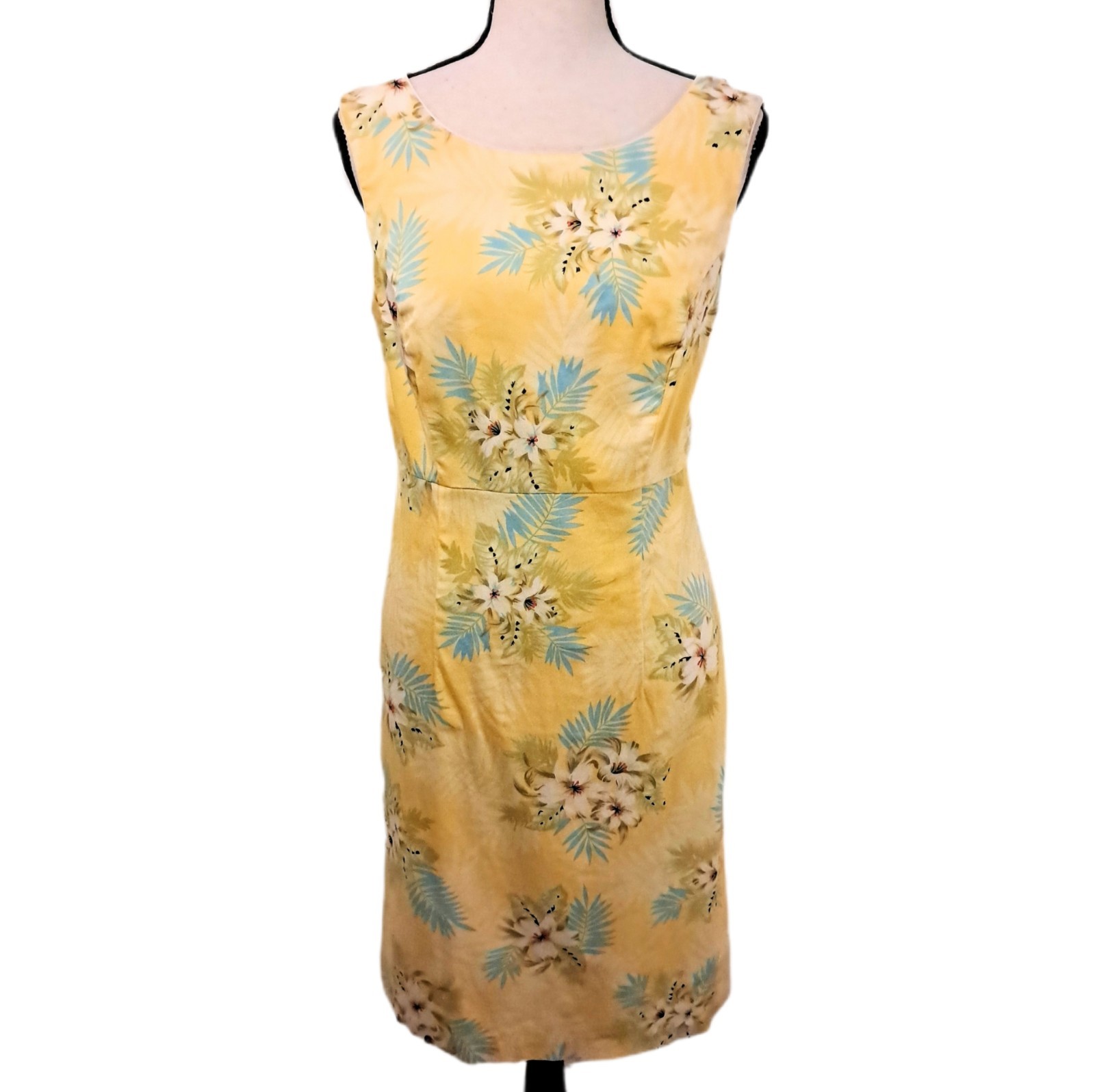 Vintage Erika Cotton Yellow Tropucal Print Cutout Back Detail Dress Size 10