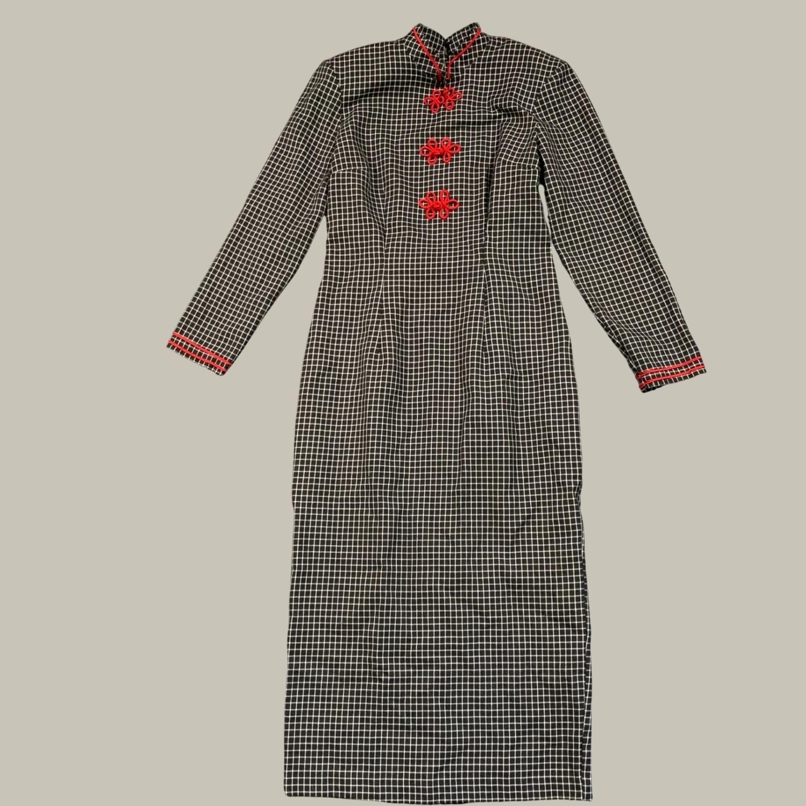 Leslie Lucks Maxi Dress Womens 8 Black White Grid Mandarin Collar Frog Closure