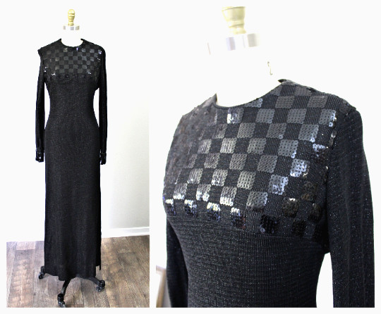 Vtg 60s I. Magnin Couture MOD Knit Checkerboard Sequin Hollywood Glamour Dress