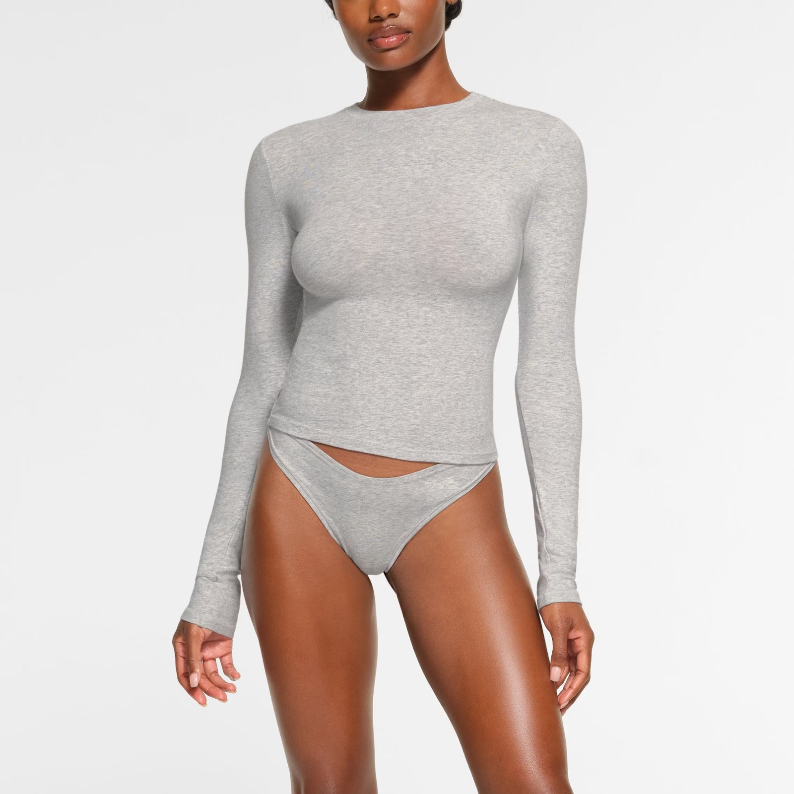 Skims Cotton Jersey Long Sleeve T-Shirt in Light Heather Grey | Size M Medium