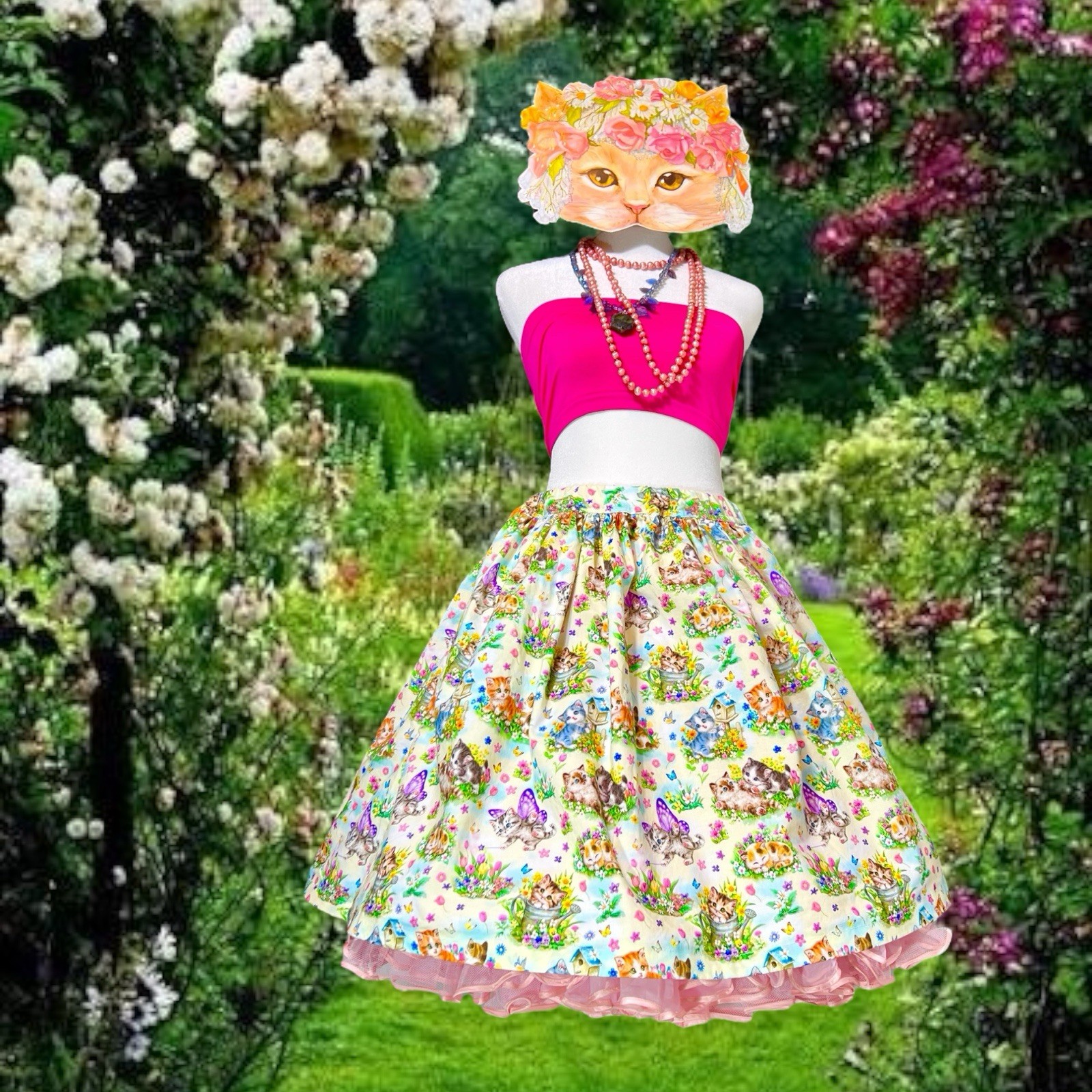 Butterfly KITTY CAT DAYDREAM WHIMSICAL SKIRT VTG FABRIC OOAK Handmade FAIRY ELF