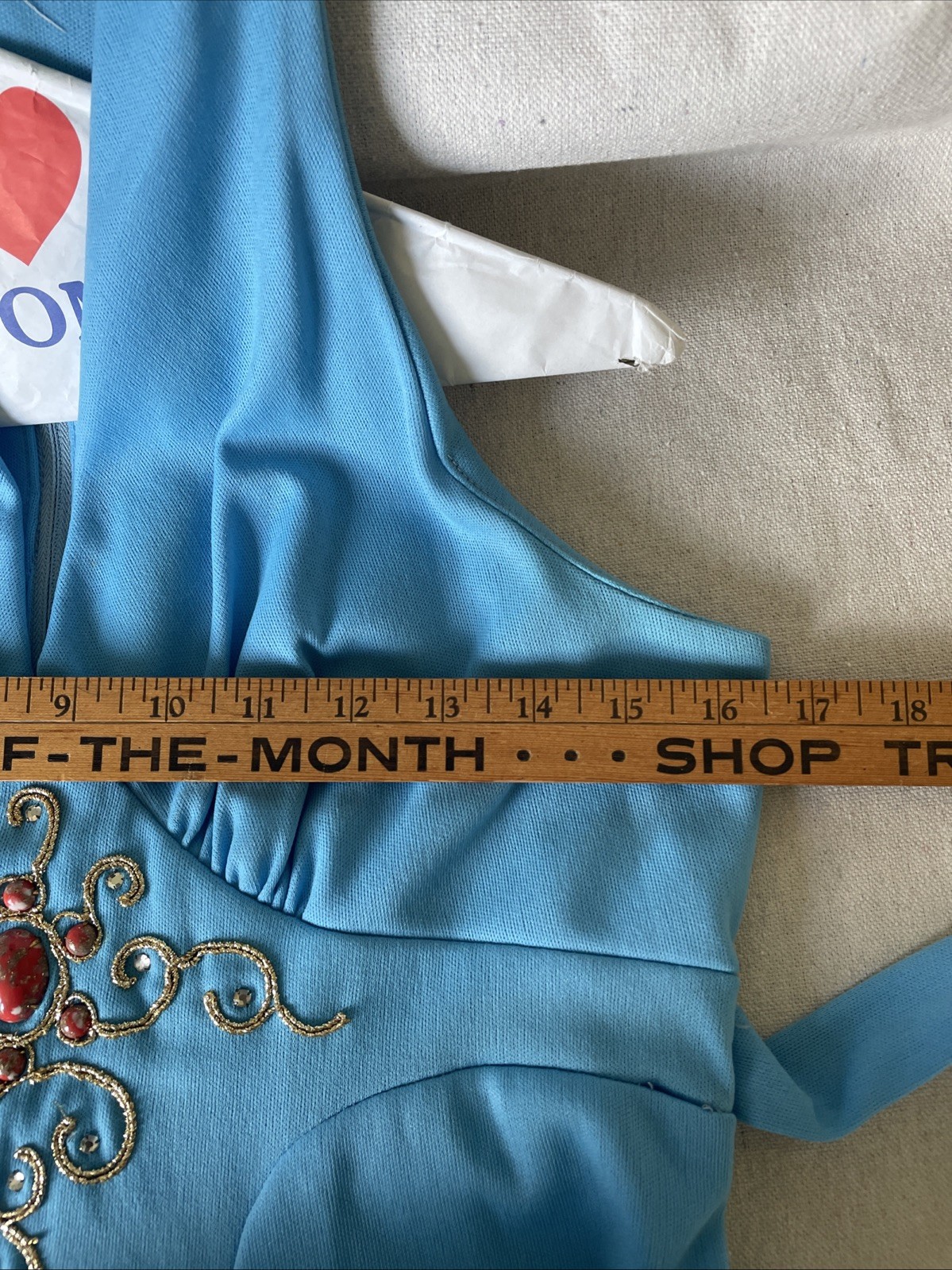 Vintage 1970’s Maxi Dress Turquoise With Stones And Gold Embroidery Women’s S/M