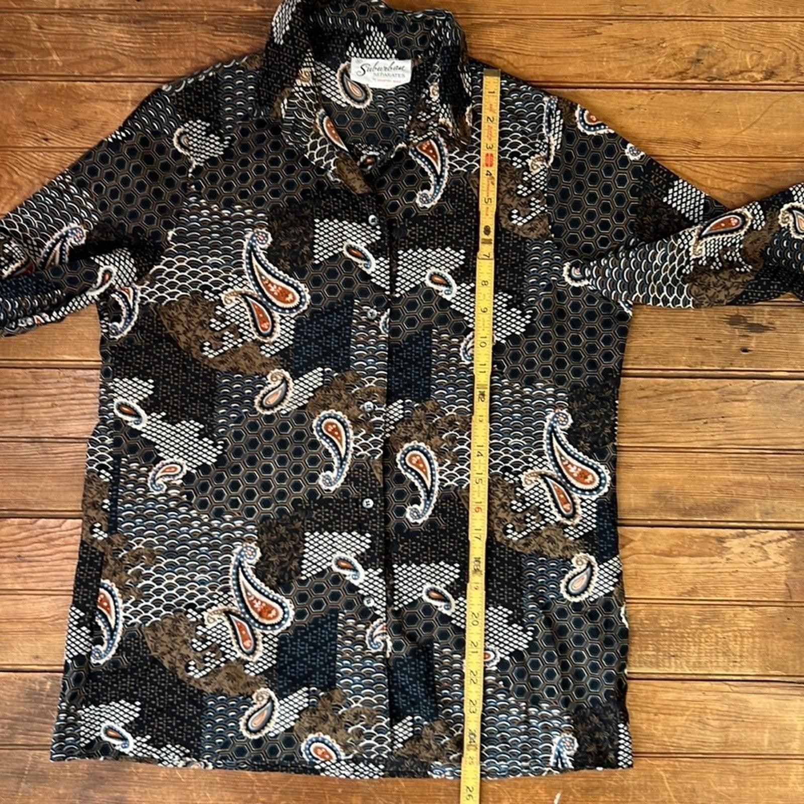Women’s vintage classic 70’s blouse black and brown Paisley polyester size 12