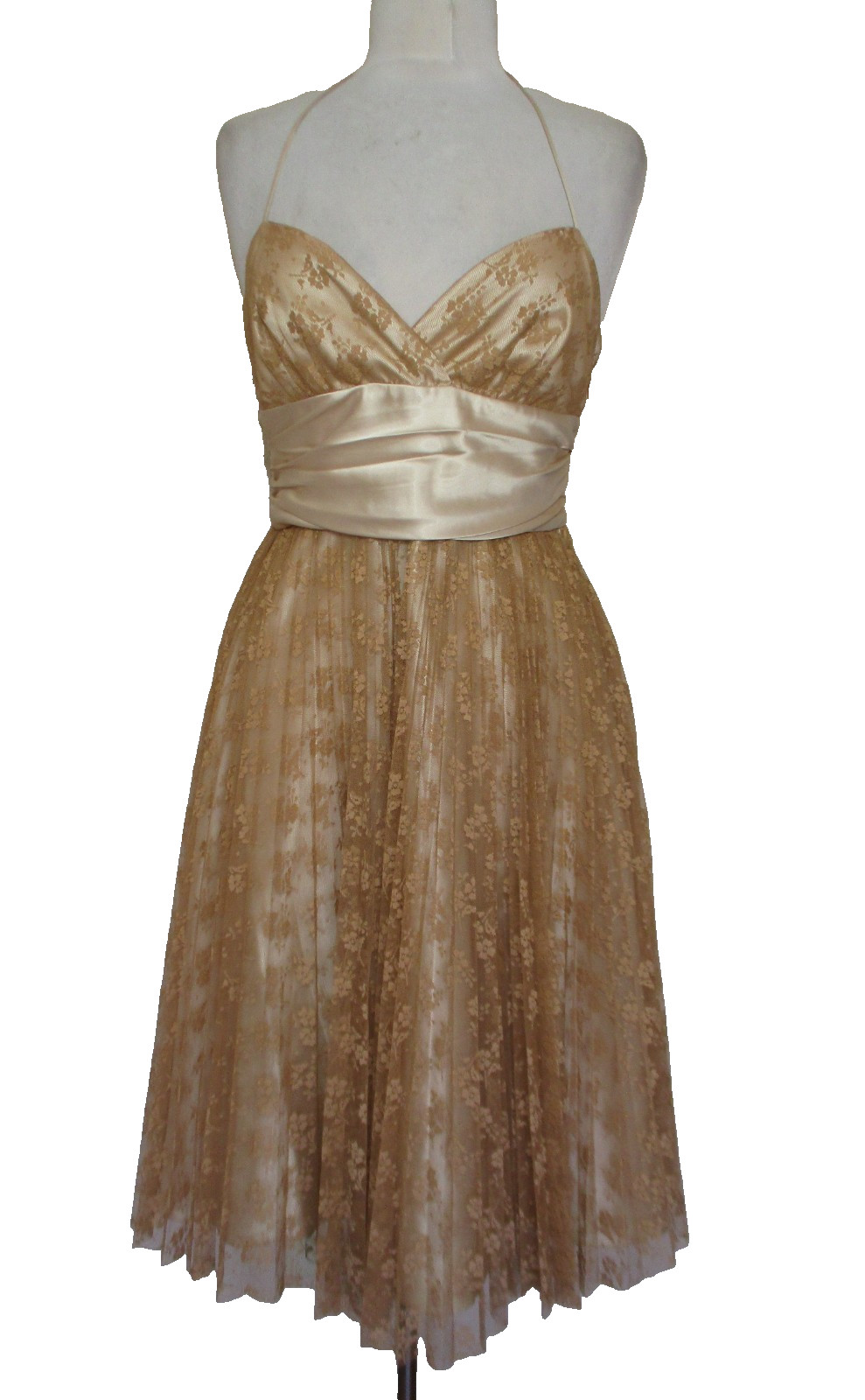 Vintage Betsey Johnson Gold Pleated Lace Halter Dress Size 6 Women