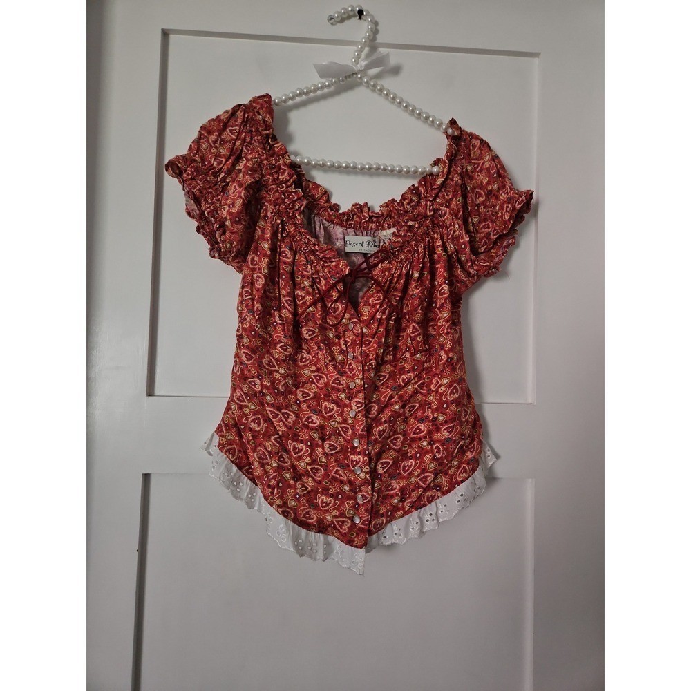 Vtg 90s Desert Diva by Sherry Holt Red Paisley Peasant Top L Western Cottagecore