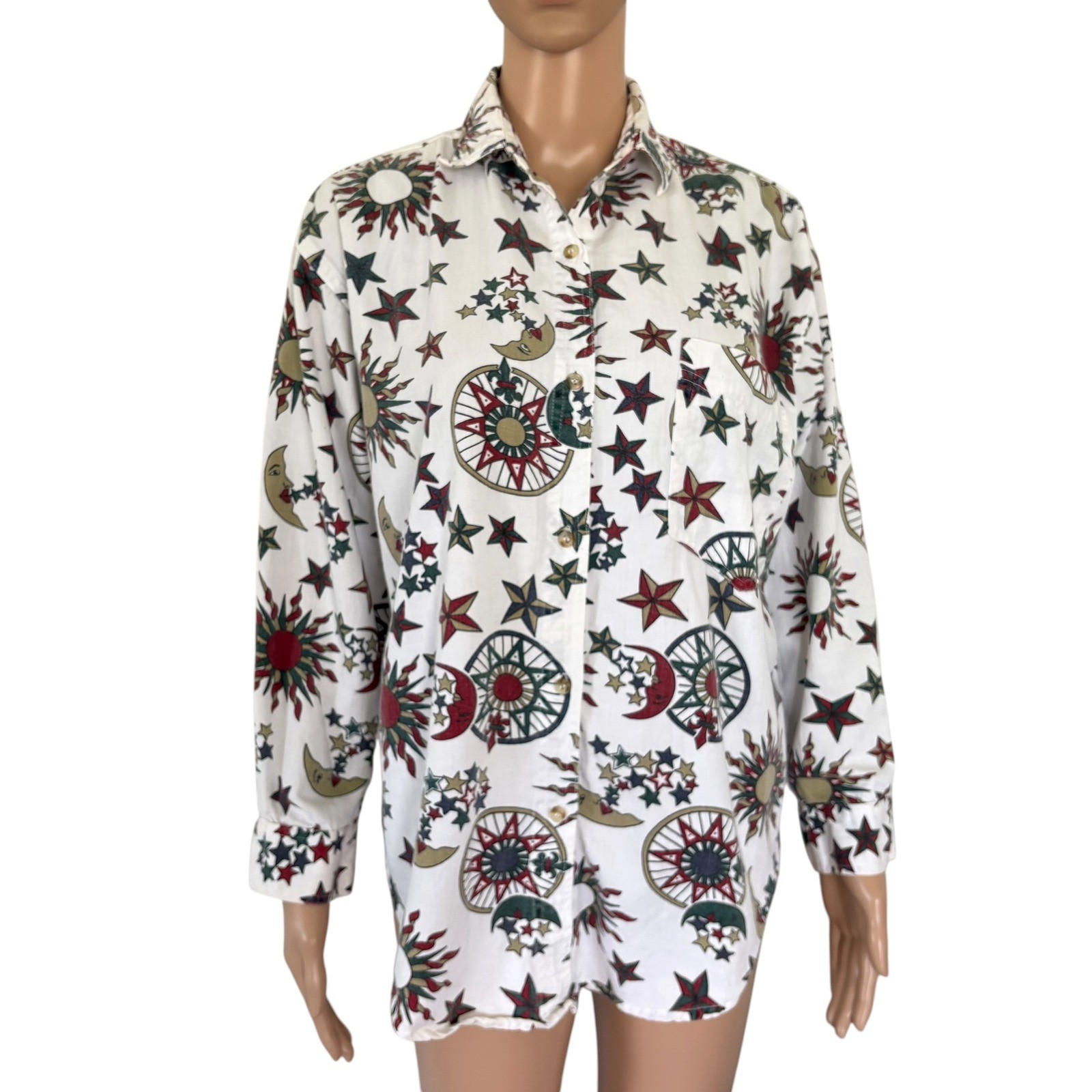 Quizz NY Vintage Celestial Sun Moon Star Print Cotton Denim Button Down Shirt S