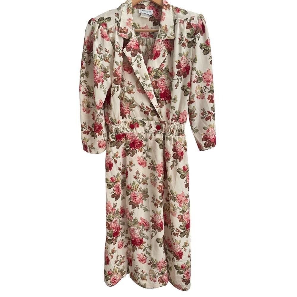 Vintage 80s Floral Cottagecore Midi Dress Women Size 11/12 Rose Print Prairie