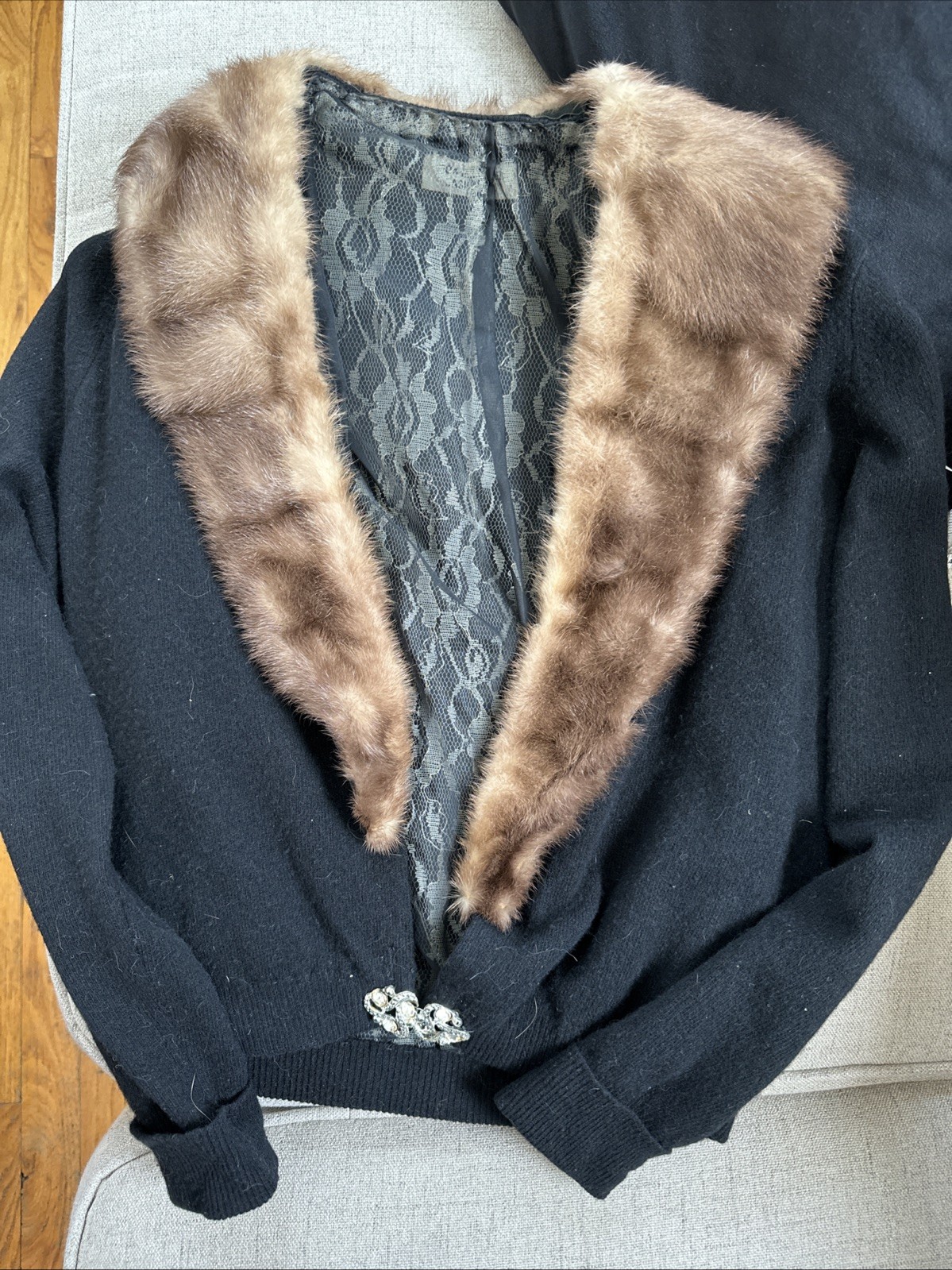 Vintage 1940s Black Cashmere And Fur Sweater With Rhinestone Closure. S-M.