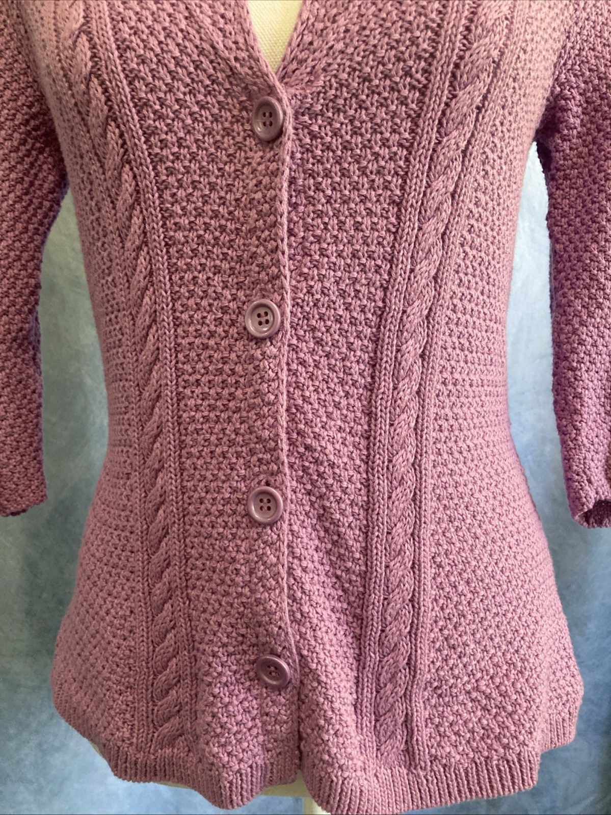 Vtg Y2K Heather B Purple Knit Cardigan Top S Cotton 3/4 Sleeve Collared Coquette