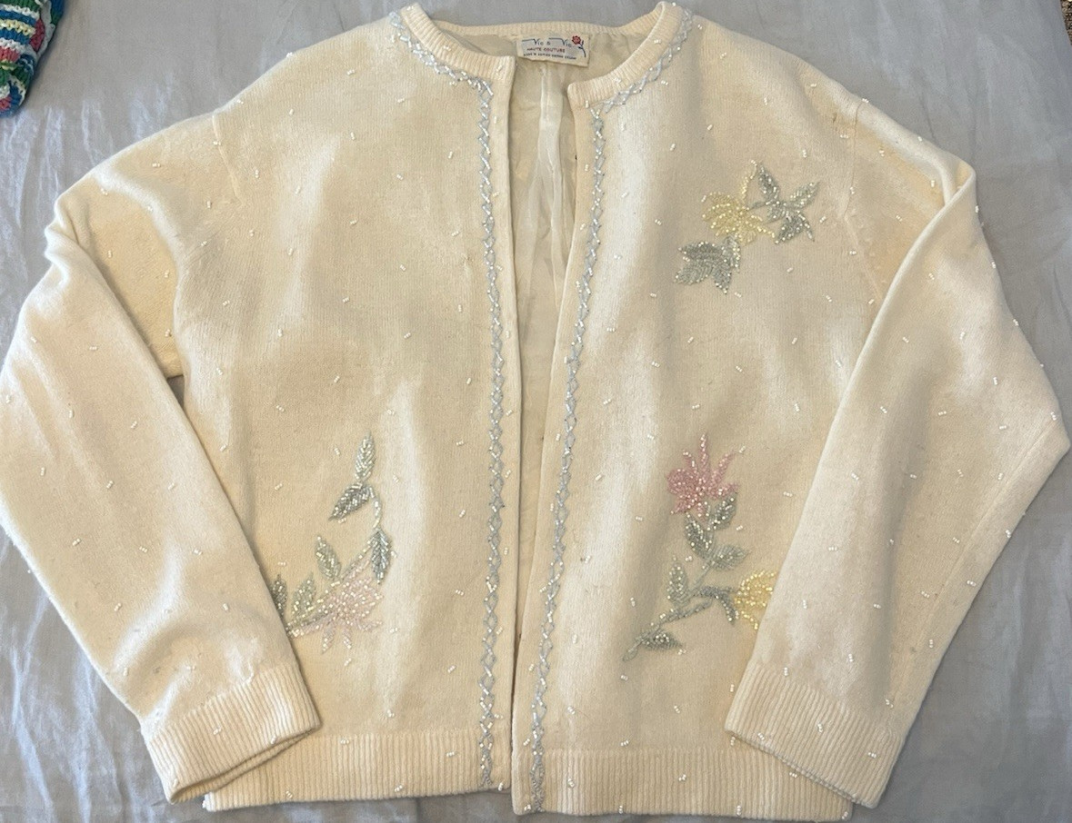 Vintage Vic & Vic Haute Couture Cream Beaded Cardigan Floral Embroidery