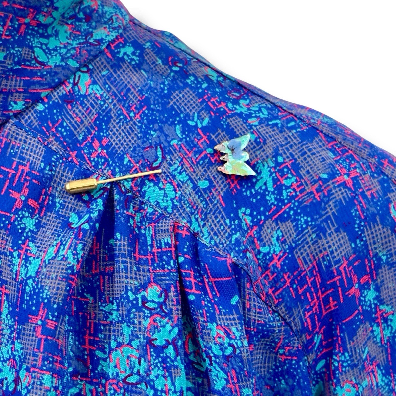 Vintage Willi Size M Blue Belted Midi Dress Brooch USA Secretary