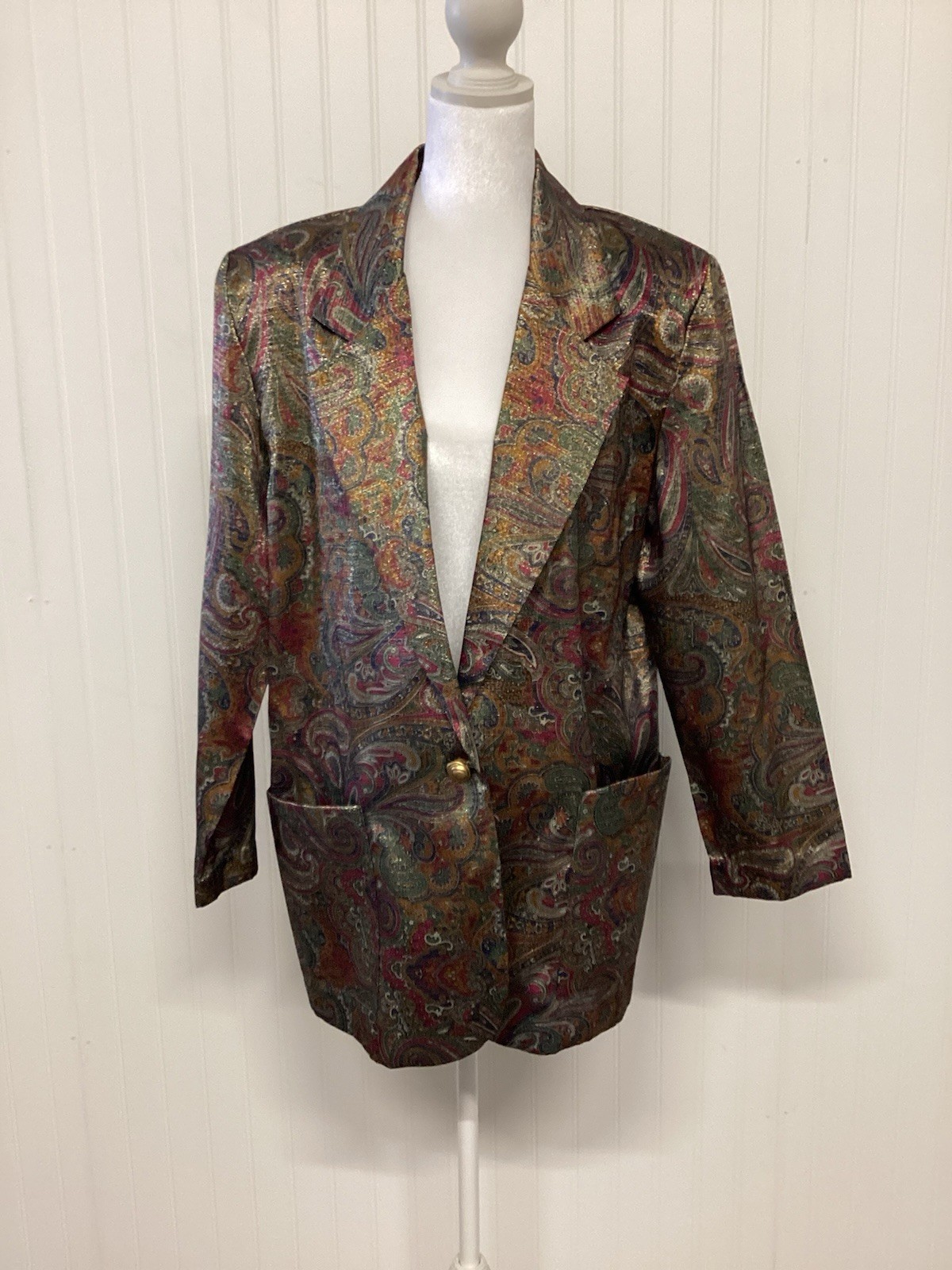 VTG Claude 80’s Print Blazer/Pocket Sz W 10 Funky Paisley Boho Y2K Metalic Rock