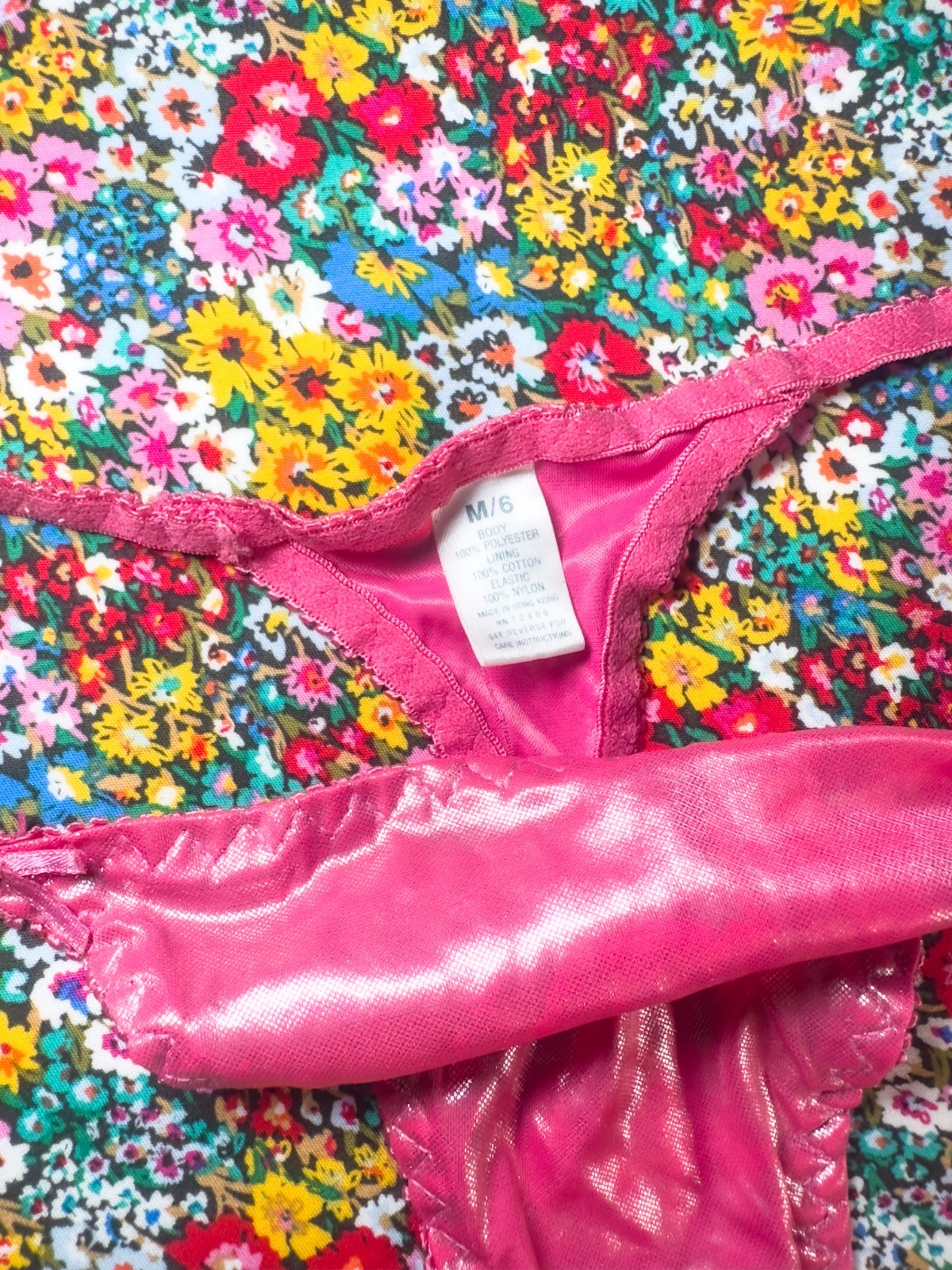 VTG Satin Hot Pink Metallic Foil Thong M6