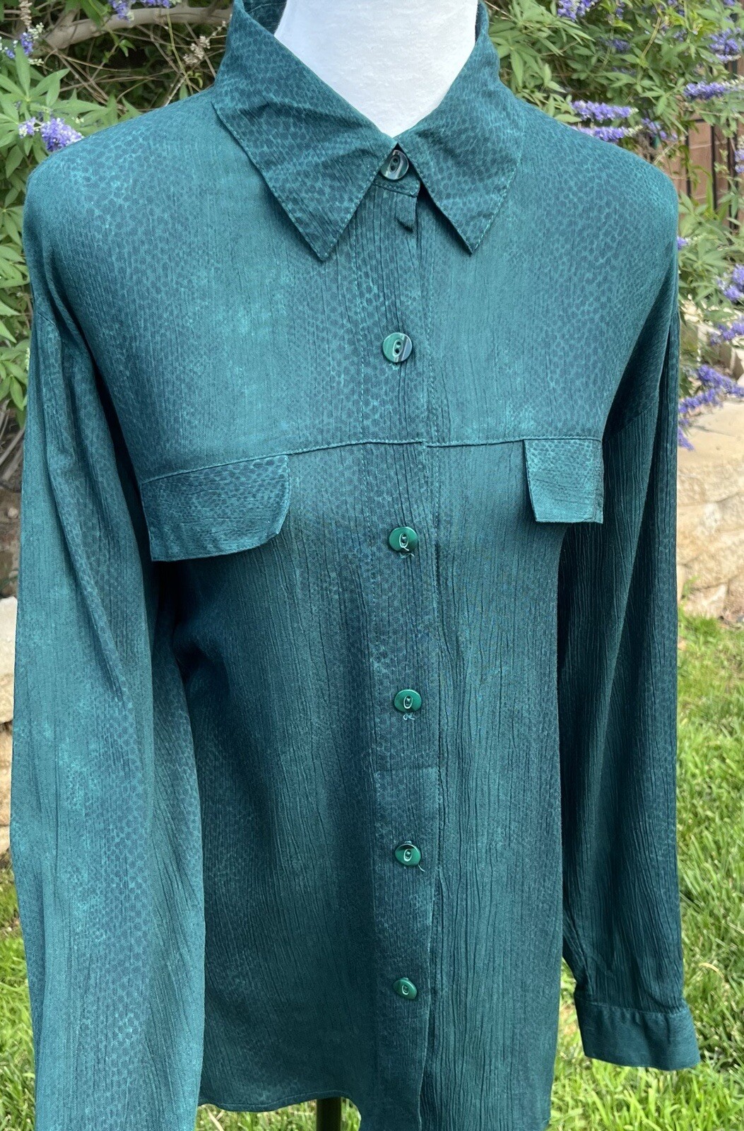 Blouse Green C.M.Shapes Vintage Top Everyday Wear Button Down Size:Large
