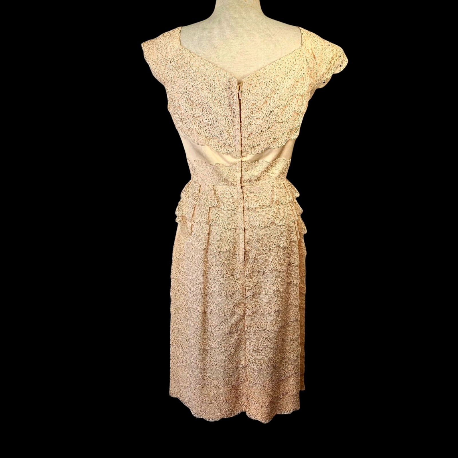 Vintage 50s Handmade Lace Cocktail Dress 6-8 Blush Champagne Rhinestone Accents