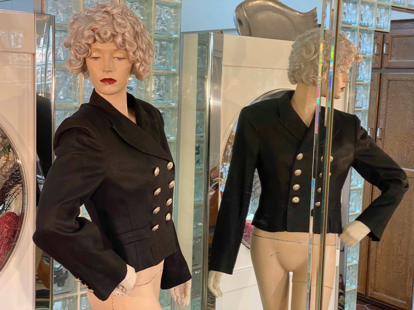 VTG 90s Black Crop Jacket Double Breast Military Buttons Women size 8 USA
