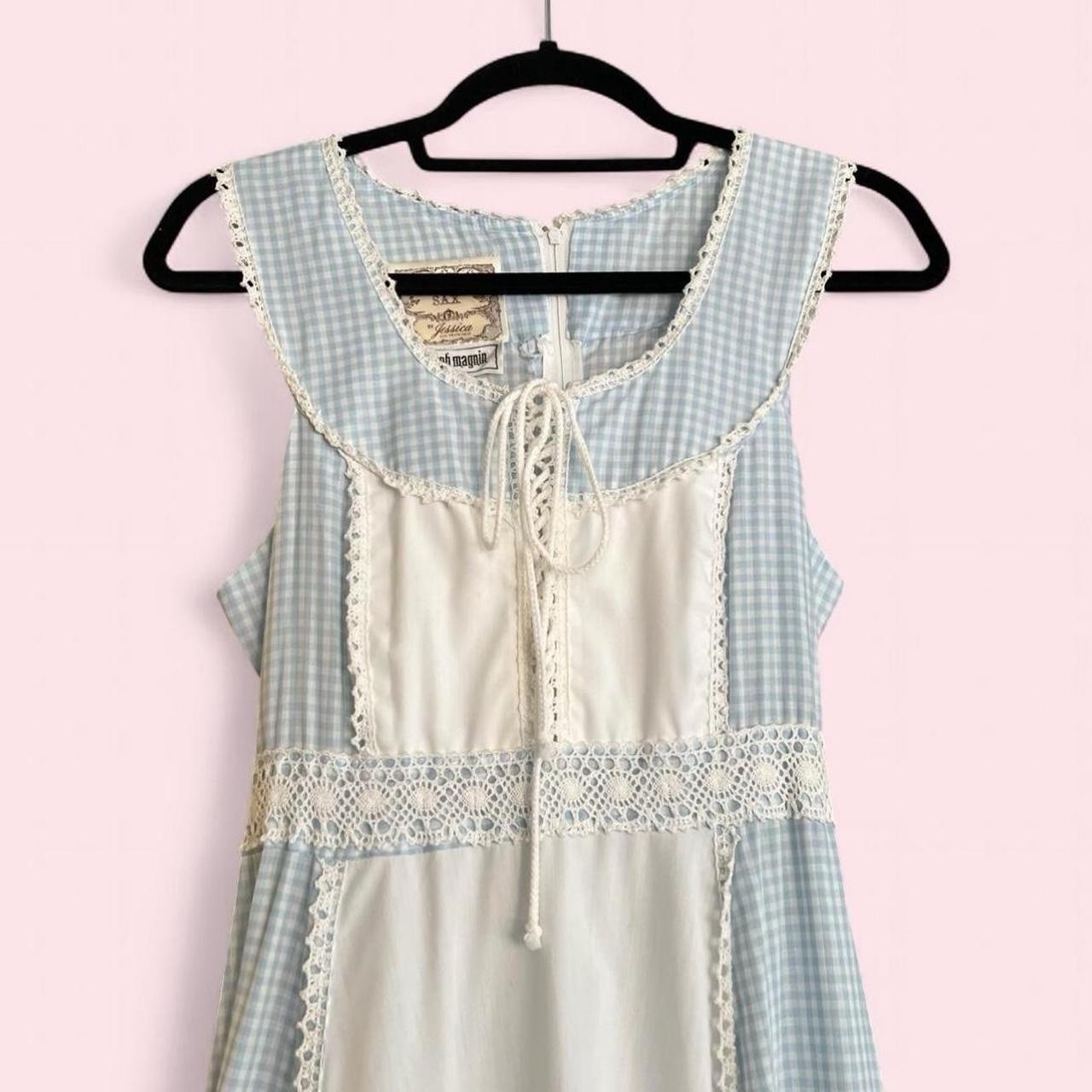 Vintage 70s Gunne Sax Maxi Dress Size 11 Gingham Blue Corset Front Crochet Lace