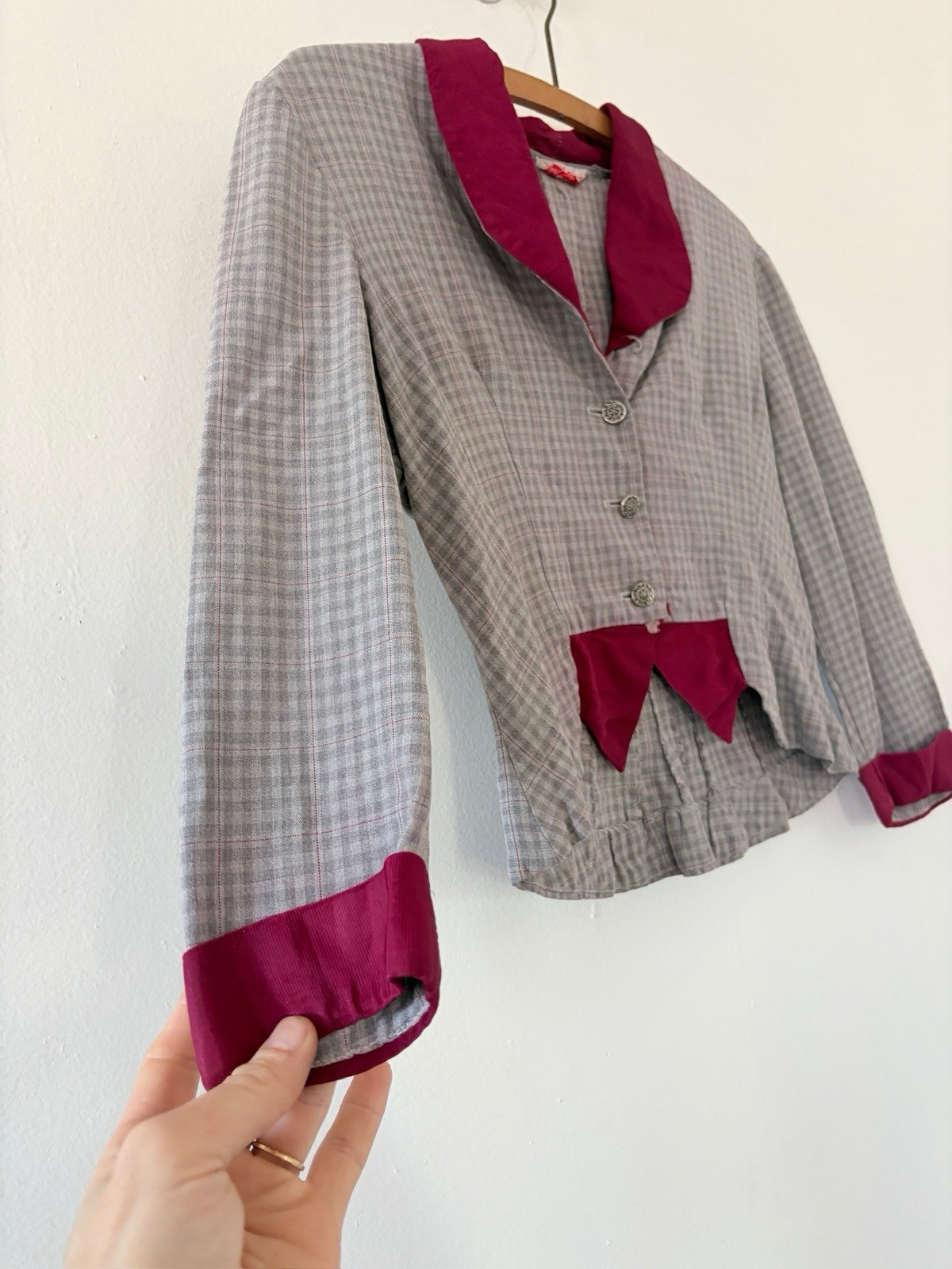 1940s Plaid Rayon Structured Peplum Jacket/Bodice Top W/ Contrast Faille Trim S
