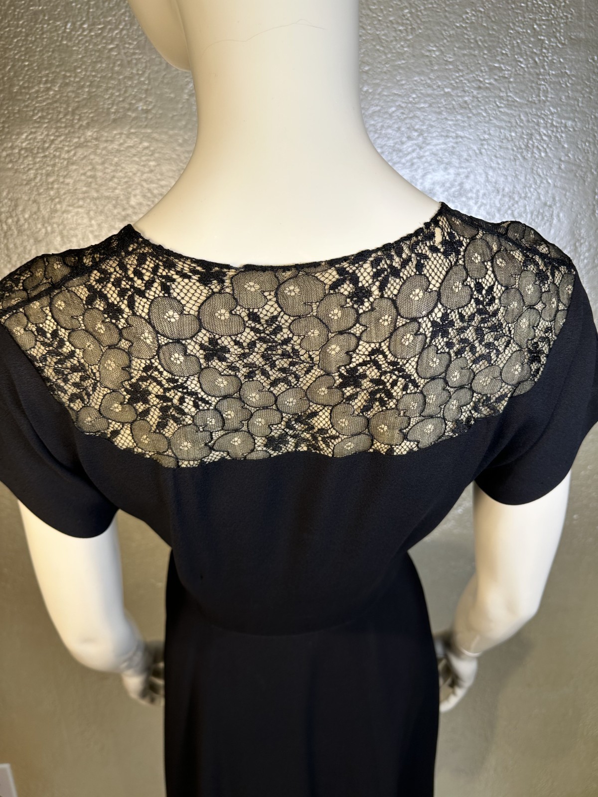 Vintage 1940s Ladies Handmade Black Rayon Dress w/ Silk Lace Shoulder Yoke XS