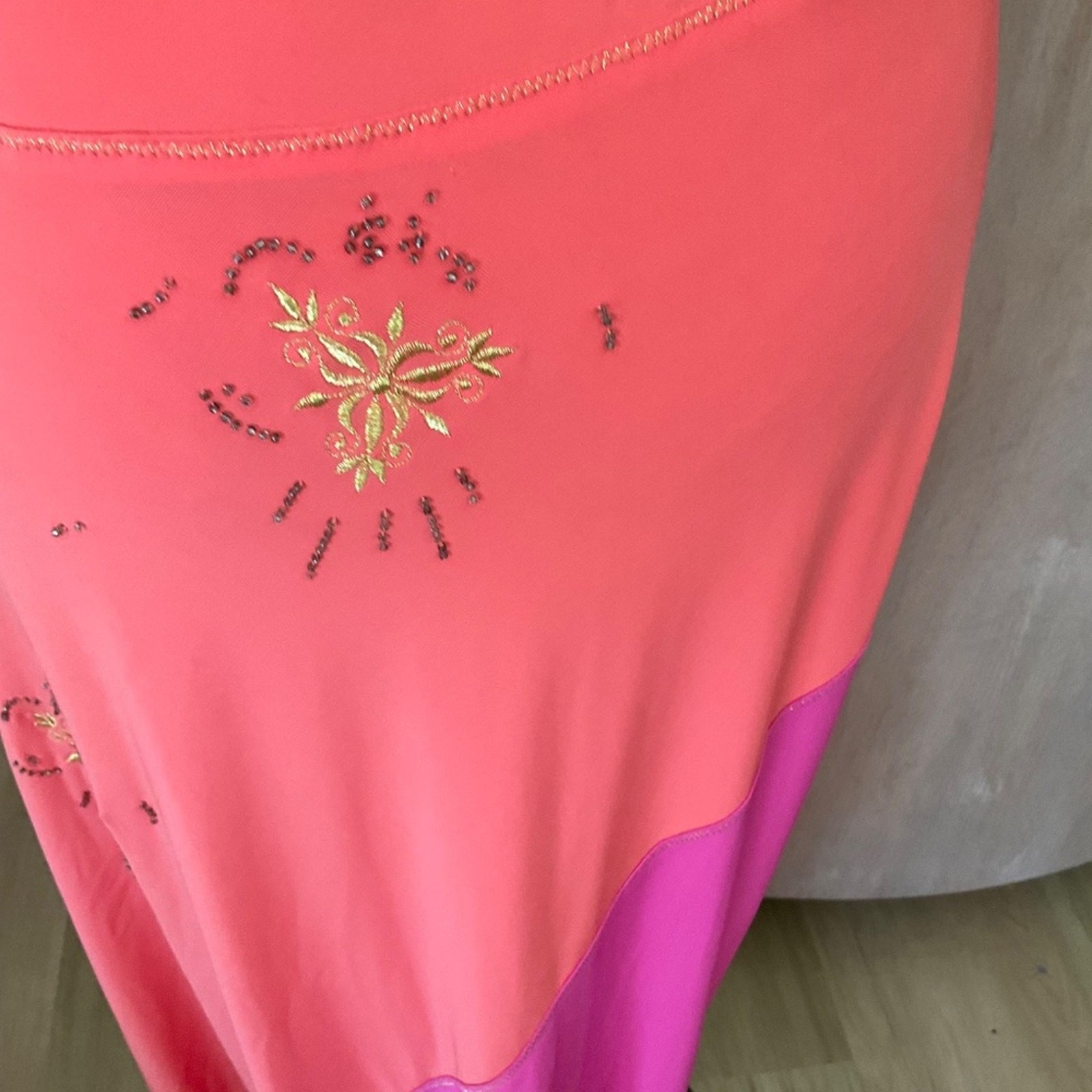 Vtg 90s Y2K Christyne Forti pink orange Gold Beaded embellished bias maxi dress