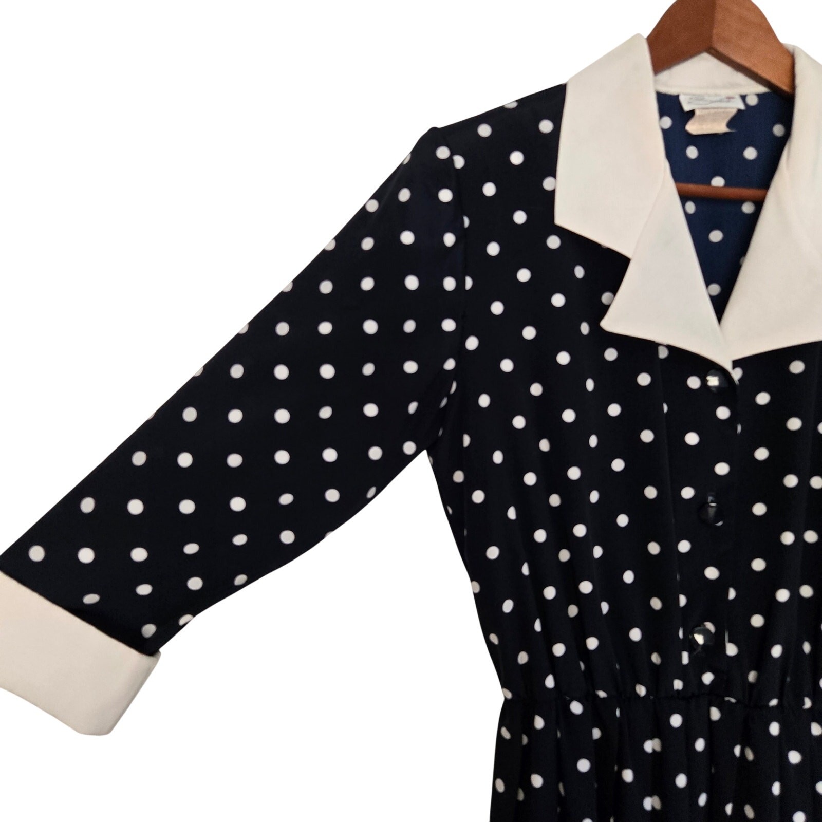 Vintage Serbin Dark Academia Blue Polka Dot Midi Shirt Dress Contrast Collar 10