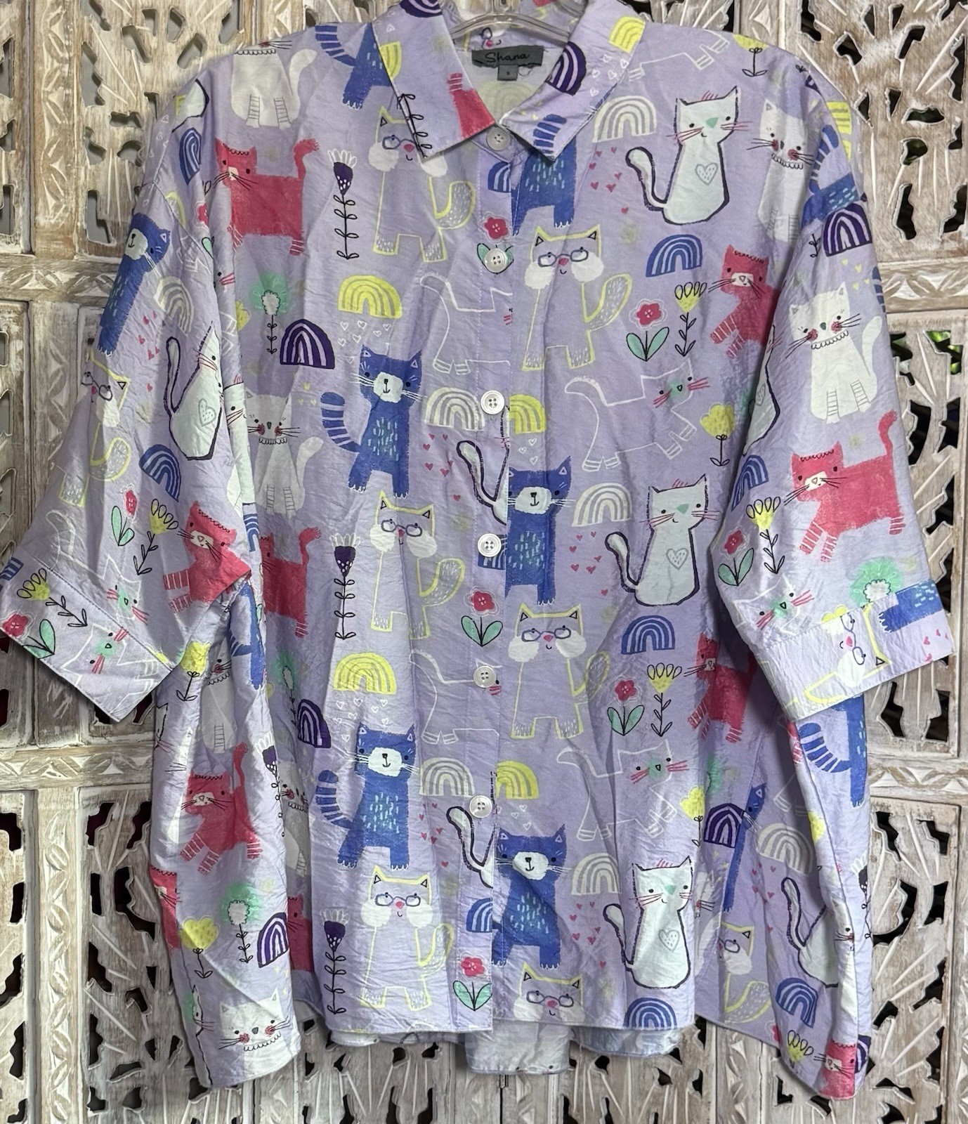 Vintage Shana Purple Oversized Small Cat Lover Shirt Button Collar Short Sleeve