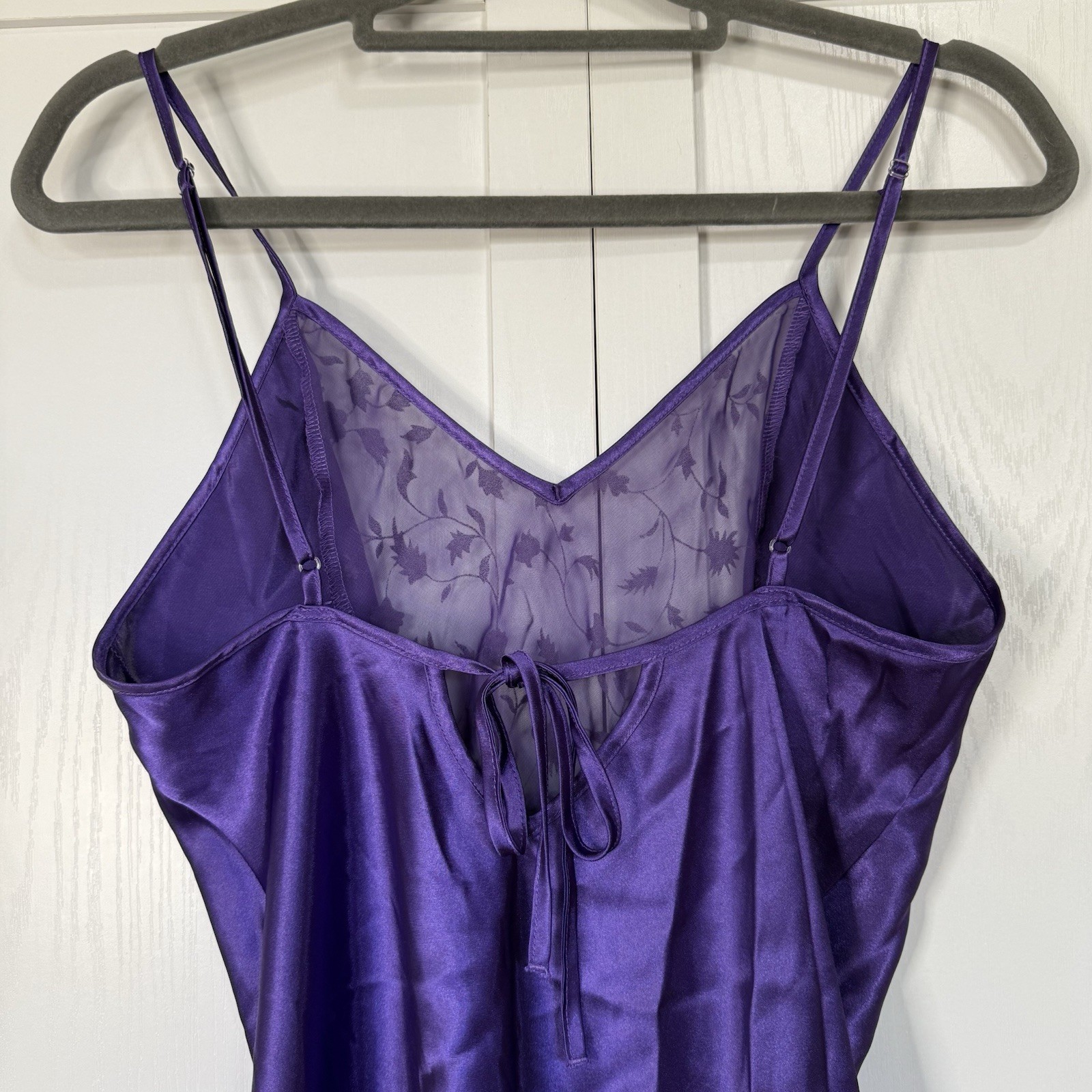 Vintage Warner’s Sleepwear Purple Satin Slip Nightgown M Sheer Floral Mesh Y2K