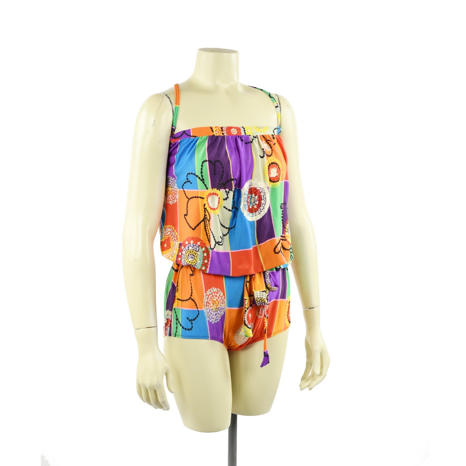 Vintage 70s Gottex Rainbow Abstract Floral Print Blouson Bathing Suit Swimsuit L