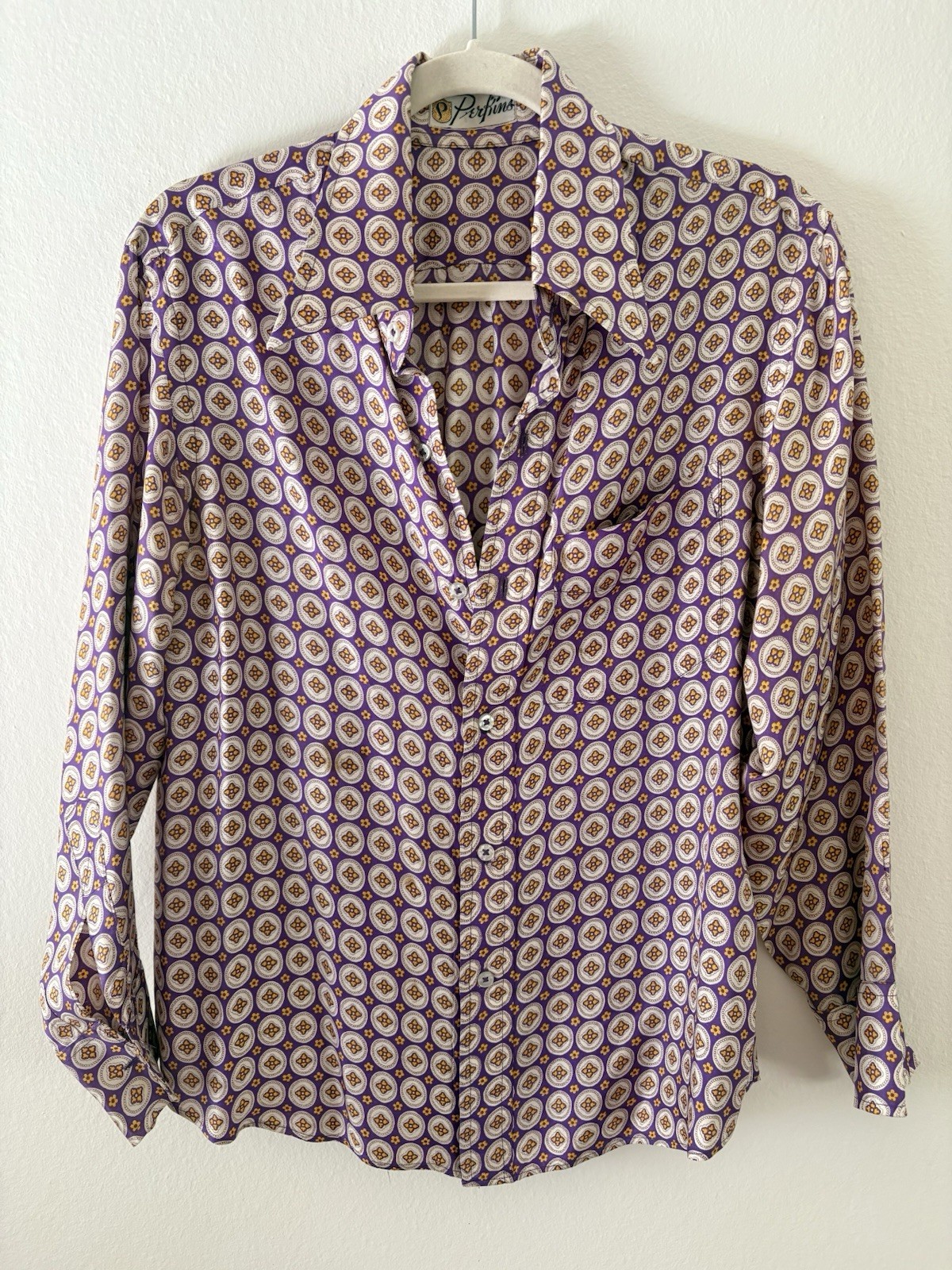 Vintage 1960s Pat Perkins Medallion Print Long Sleeve Button Down Women’s Top