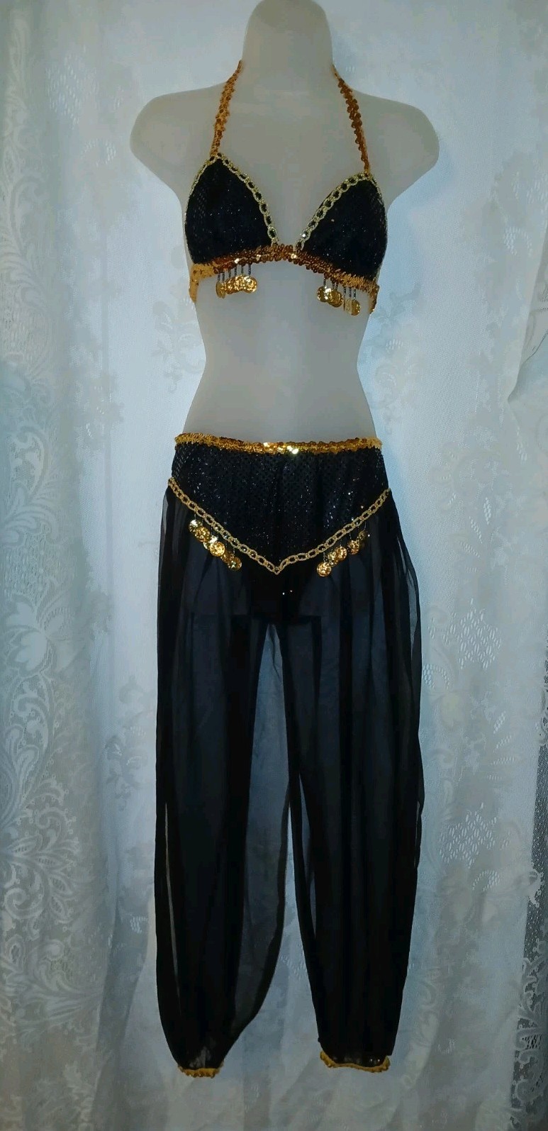 Vintage Belly Dancing Harem Genie Costume Black Chiffon Sequin Gold Coins XS