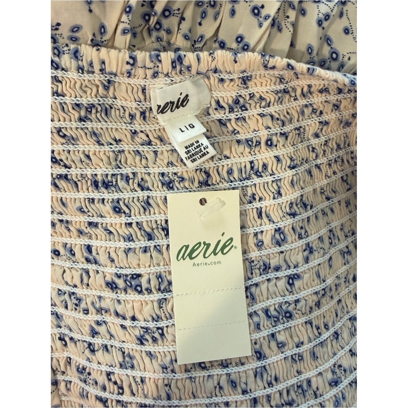 aerie Blue and Cream Smocked Floral Mini Dress Size Large NEW/NWT